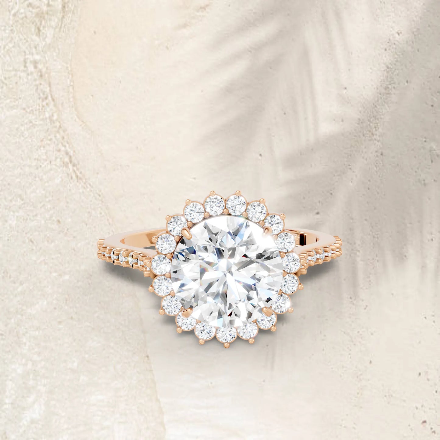 14K Gold Round Cut Diamond Floral Halo Pave Engagement Ring