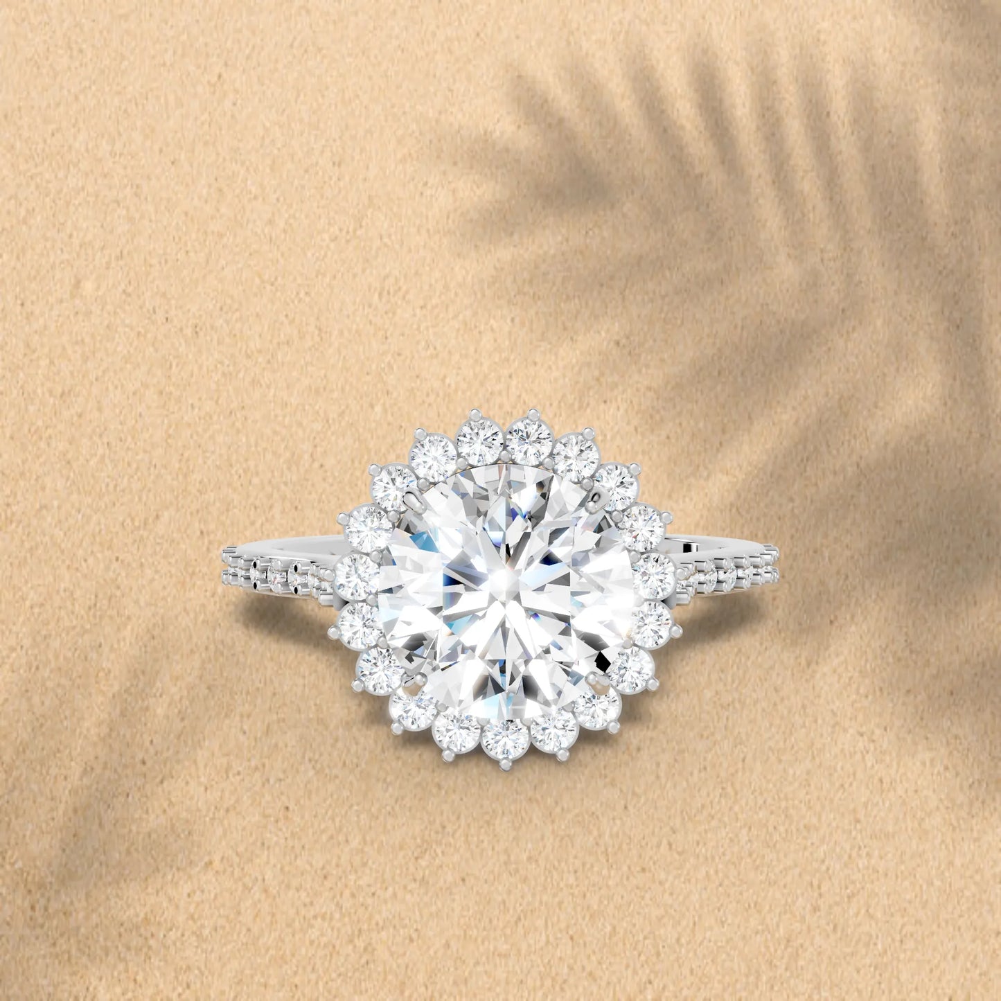 14K Gold Round Cut Diamond Floral Halo Pave Engagement Ring