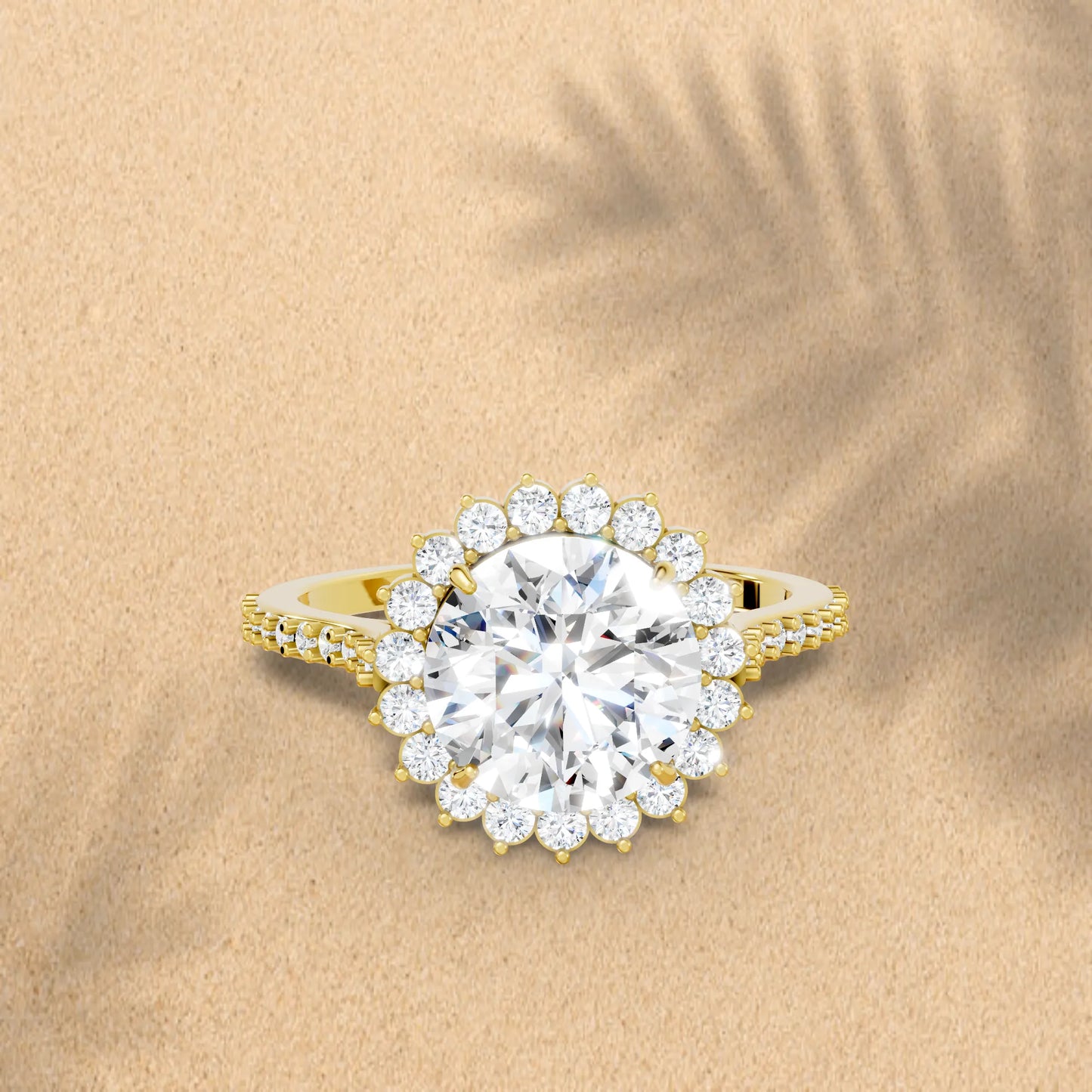 14K Gold Round Cut Diamond Floral Halo Pave Engagement Ring