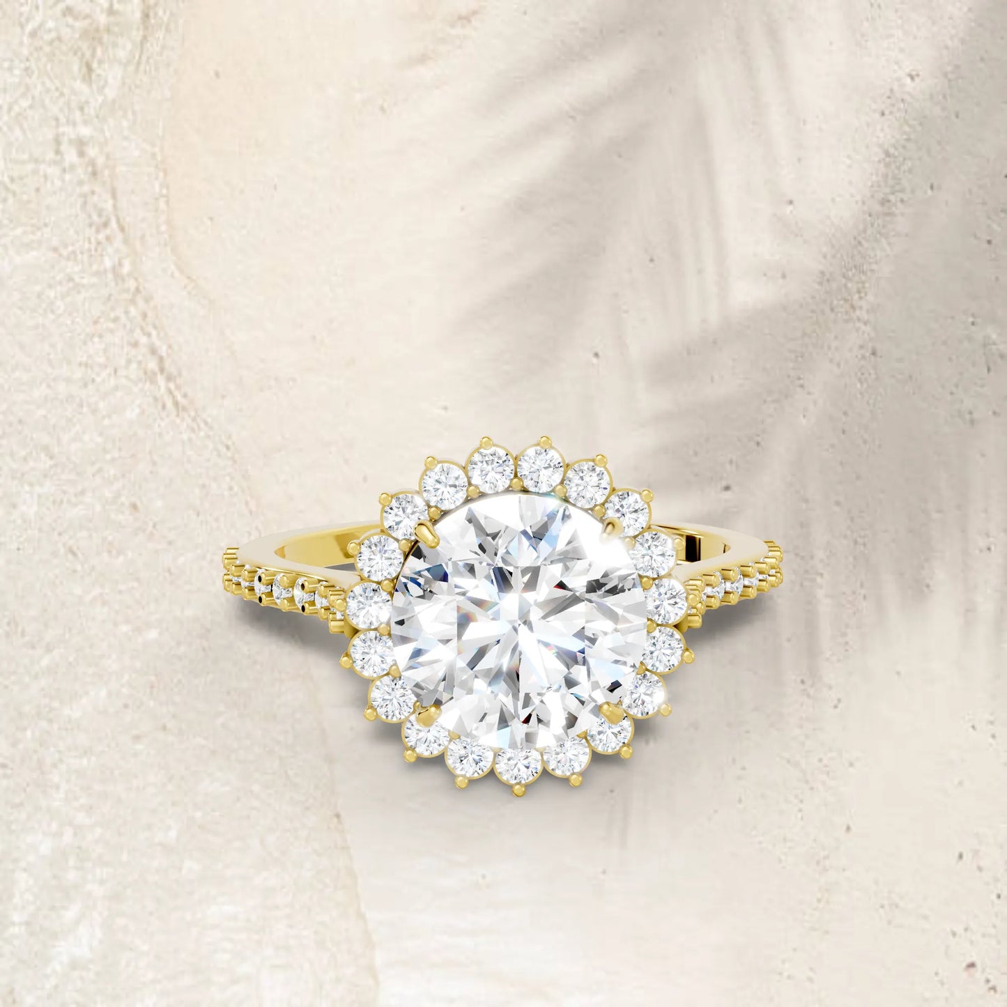 14K Gold Round Cut Diamond Floral Halo Pave Engagement Ring