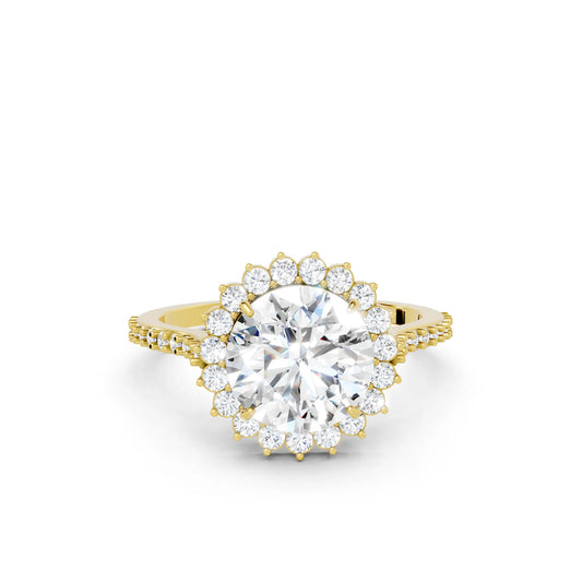 14K Gold Round Cut Diamond Floral Halo Pave Engagement Ring