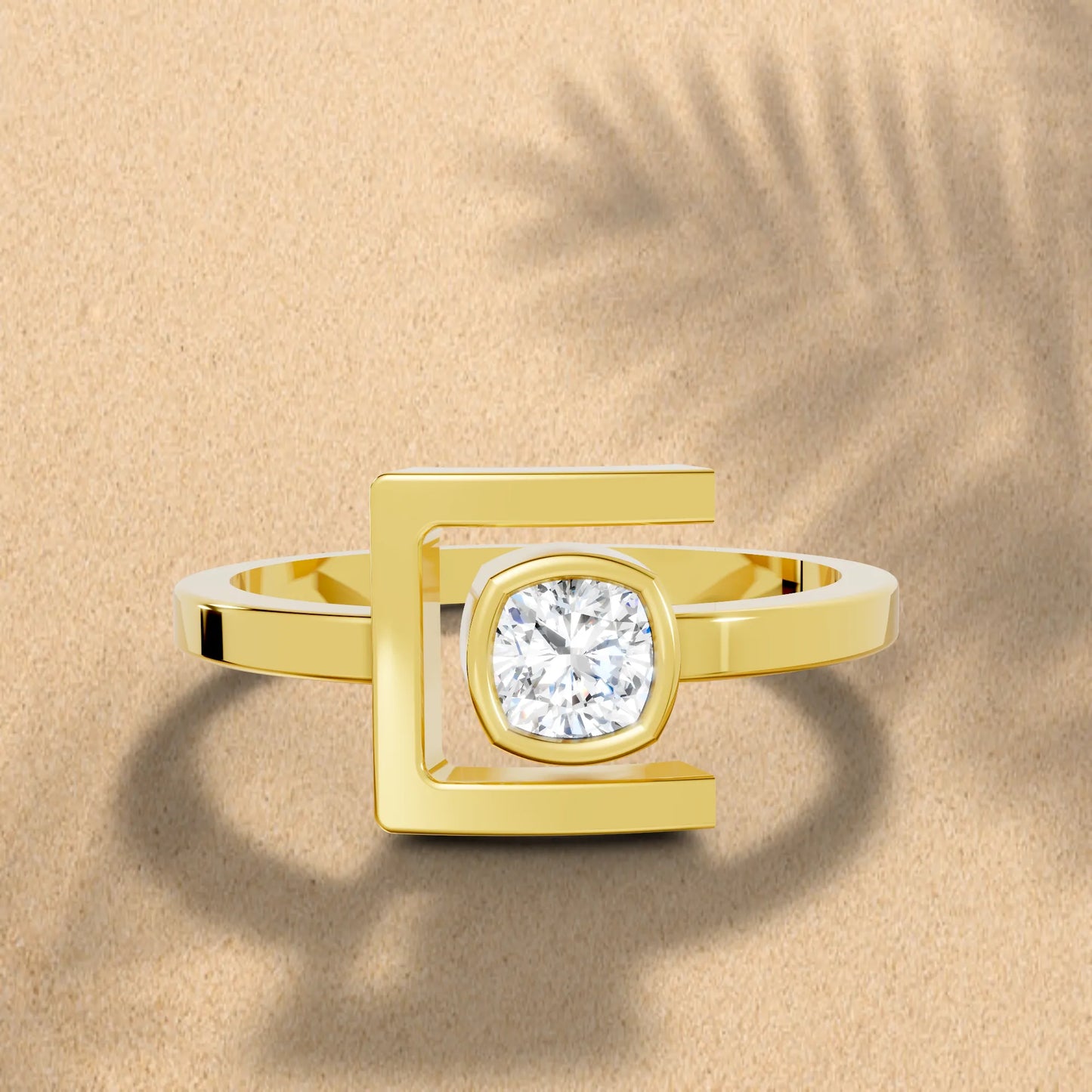 14K Gold Cushion Cut Diamond Modern Bezel Engagement Ring