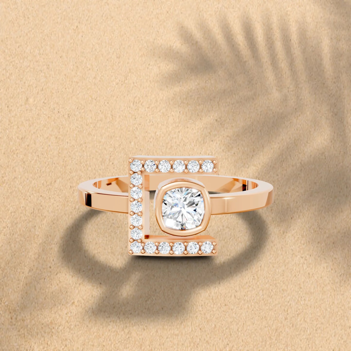 14K Gold Cushion Cut Diamond Modern Bezel Engagement Ring  with Accents