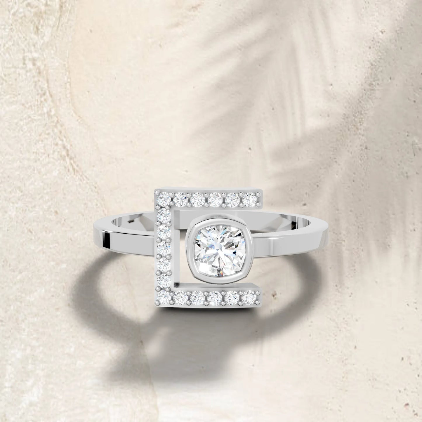 14K Gold Cushion Cut Diamond Modern Bezel Engagement Ring  with Accents