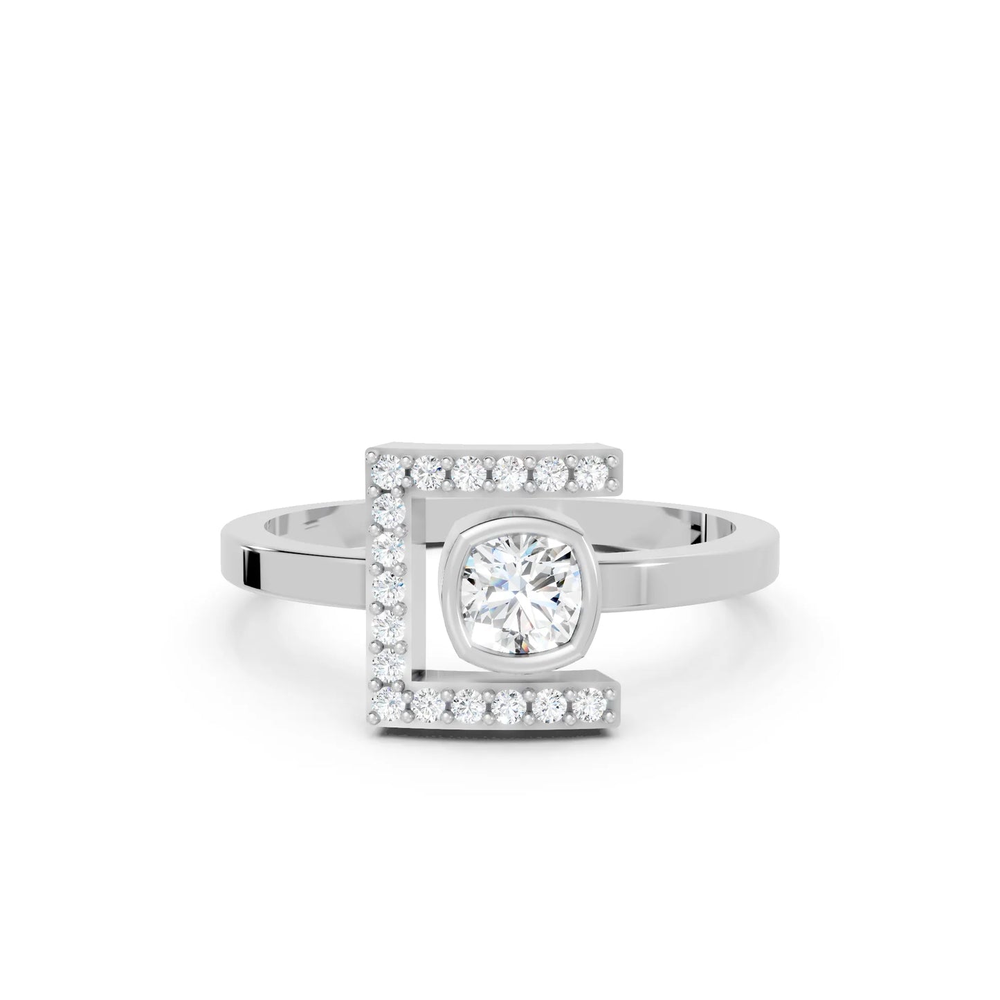 14K Gold Cushion Cut Diamond Modern Bezel Engagement Ring  with Accents