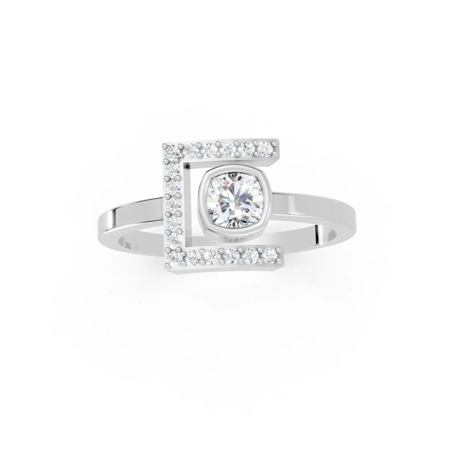 14K Gold Cushion Cut Diamond Modern Bezel Engagement Ring  with Accents