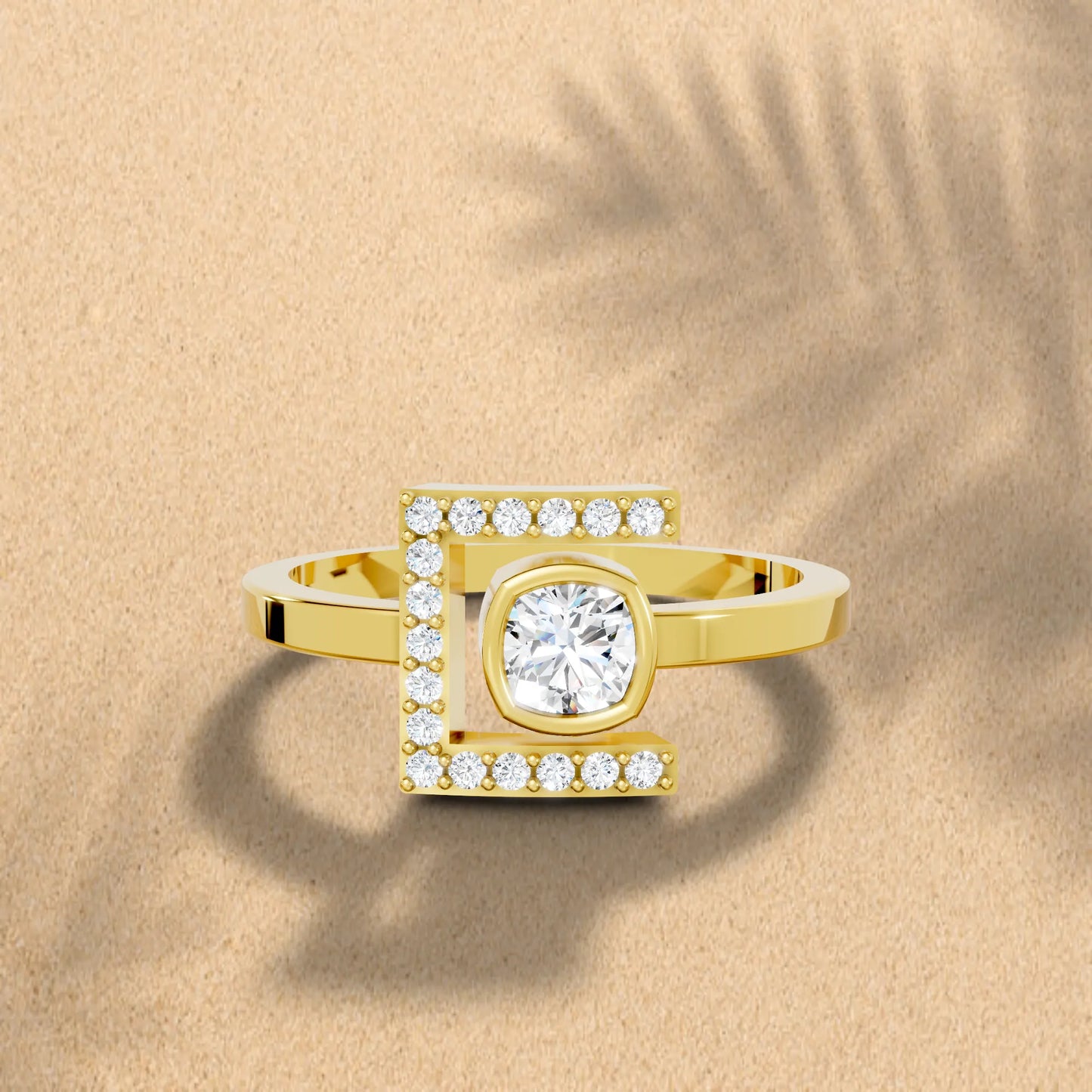 14K Gold Cushion Cut Diamond Modern Bezel Engagement Ring  with Accents