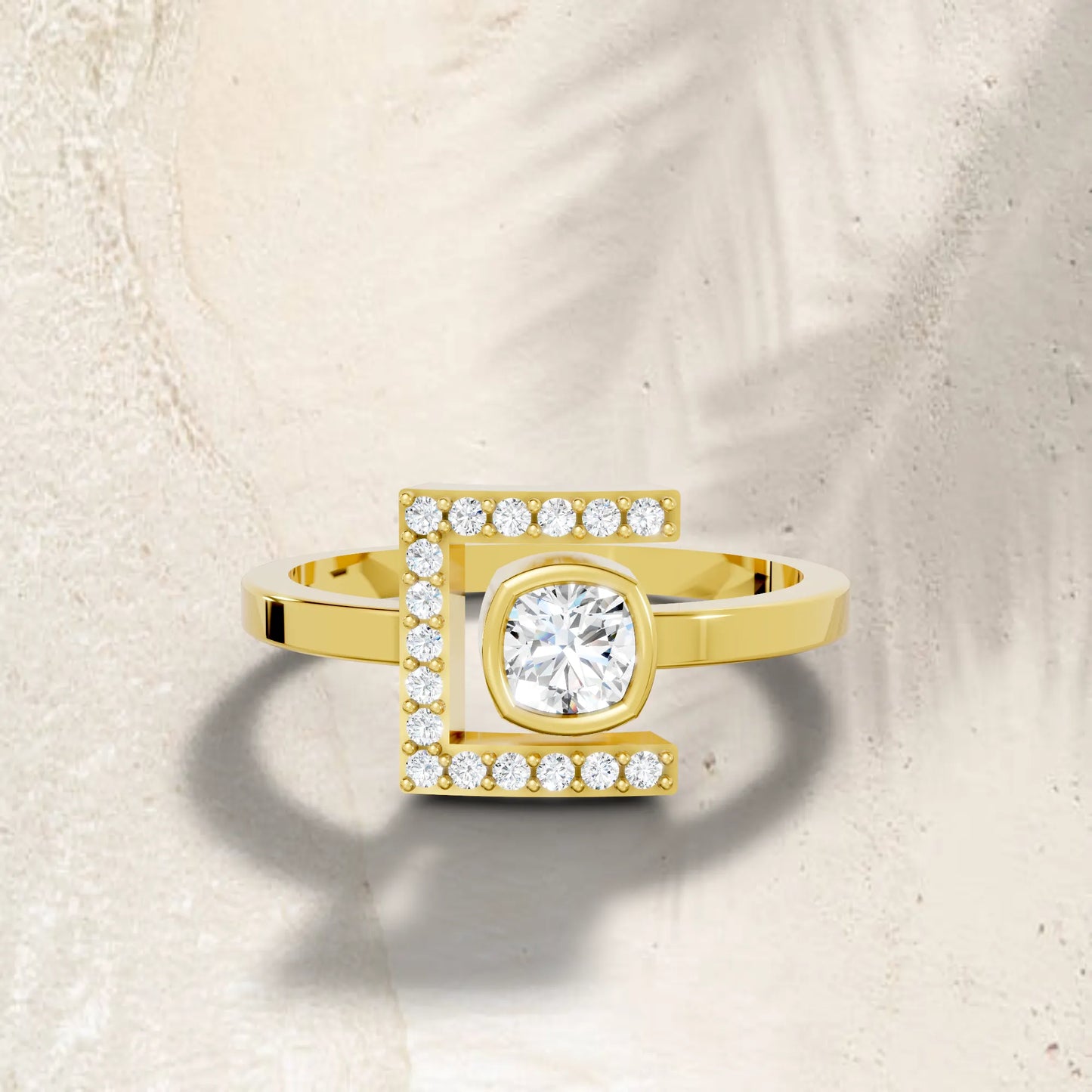 14K Gold Cushion Cut Diamond Modern Bezel Engagement Ring  with Accents