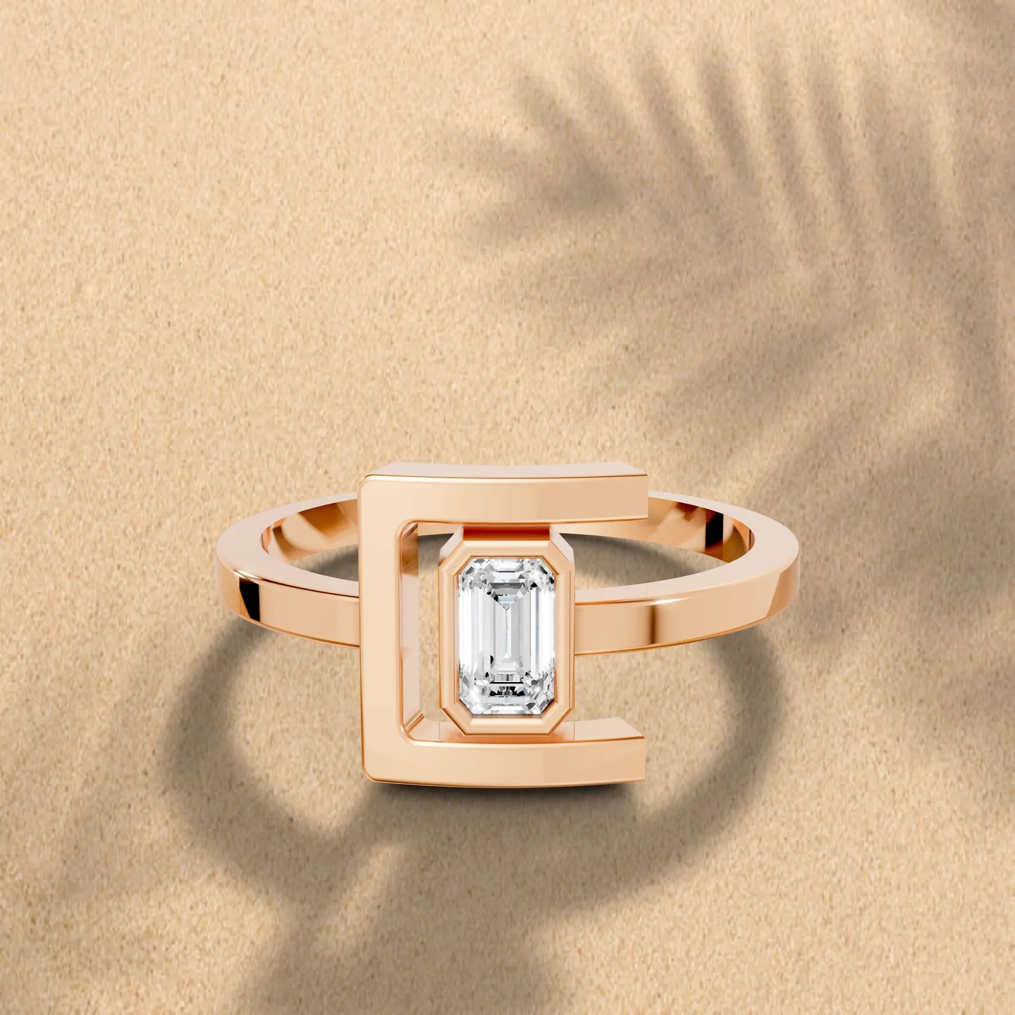 14K Gold Emerlad Cut Diamond Modern Bezel Engagement Ring