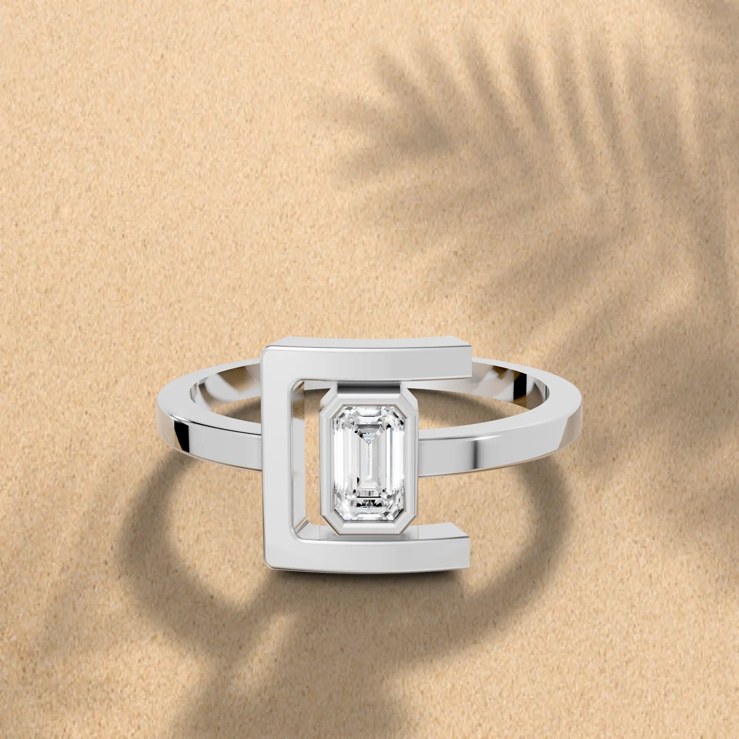 14K Gold Emerlad Cut Diamond Modern Bezel Engagement Ring