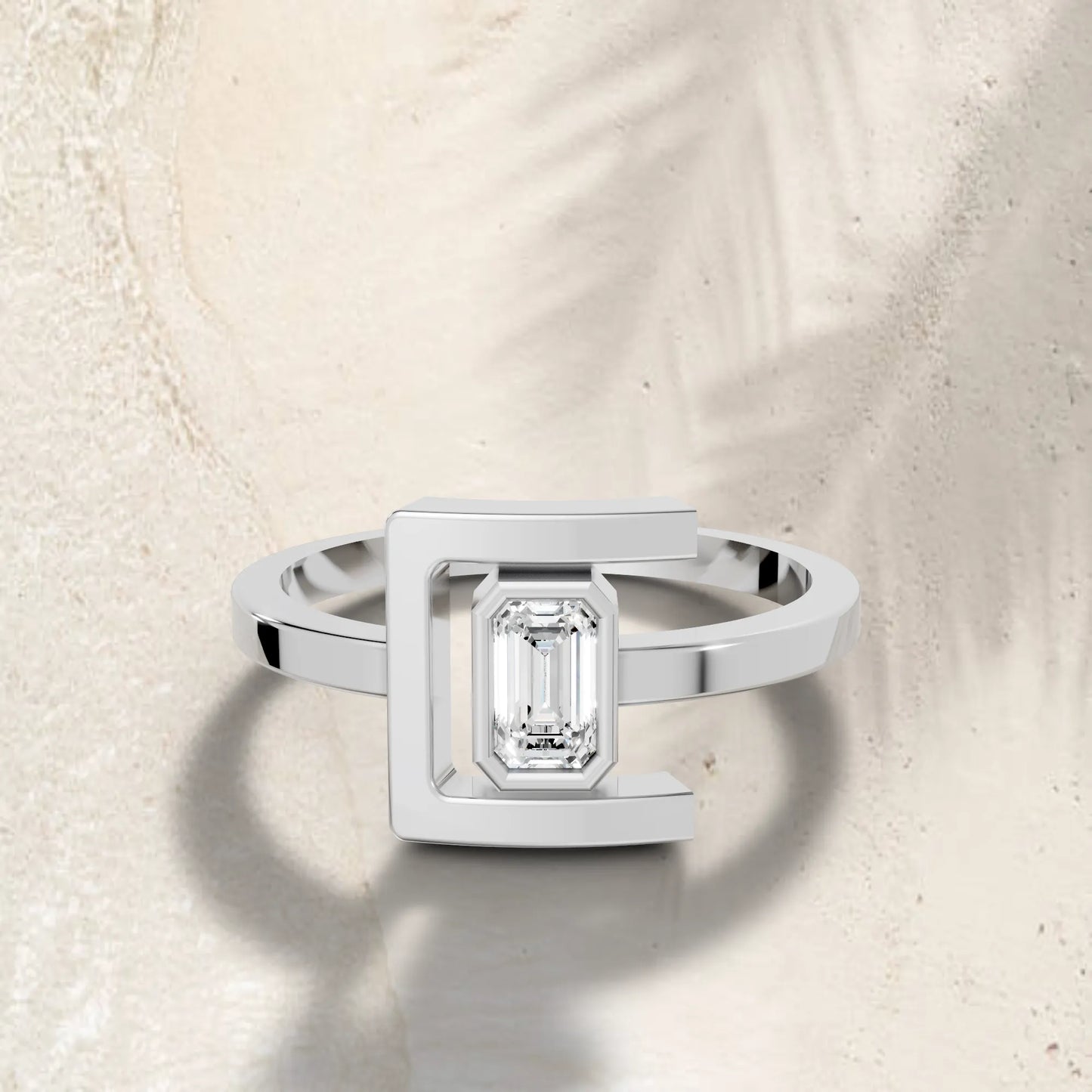 14K Gold Emerlad Cut Diamond Modern Bezel Engagement Ring