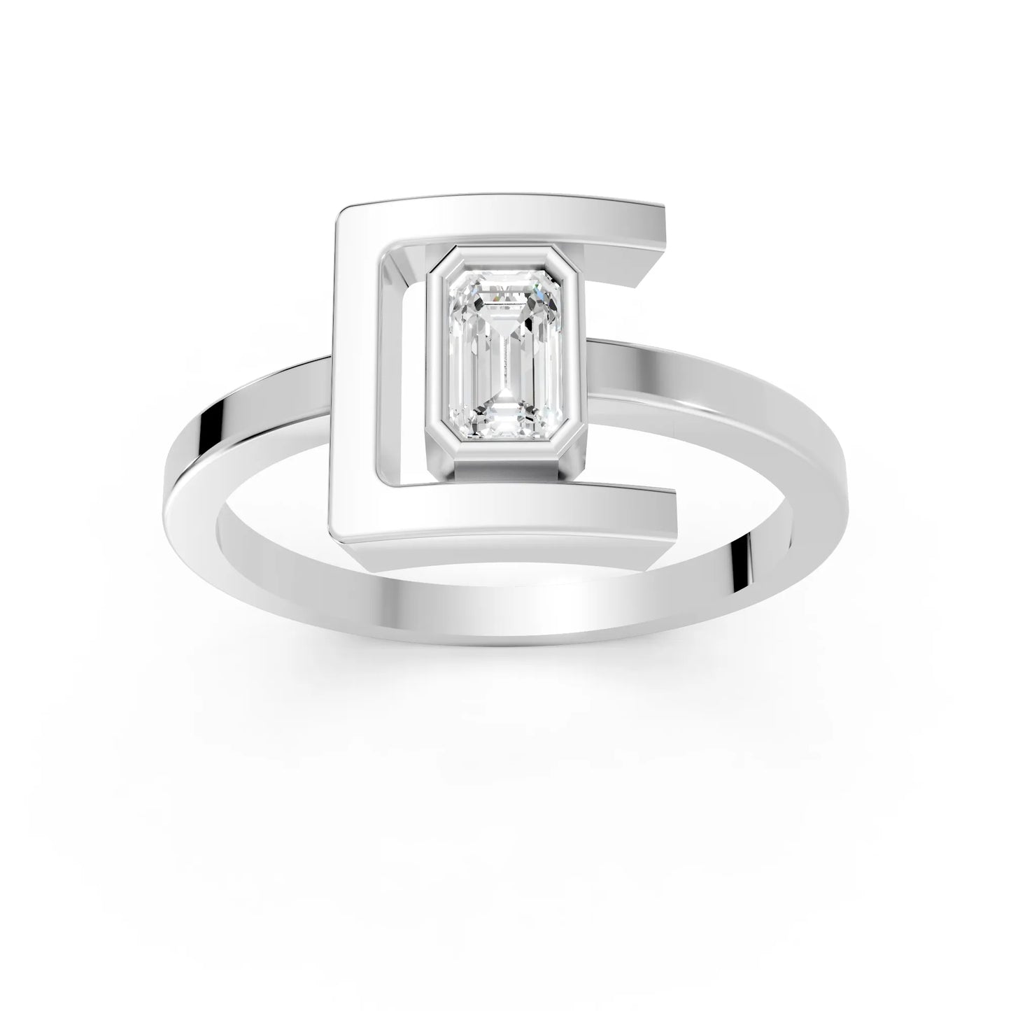 14K Gold Emerlad Cut Diamond Modern Bezel Engagement Ring