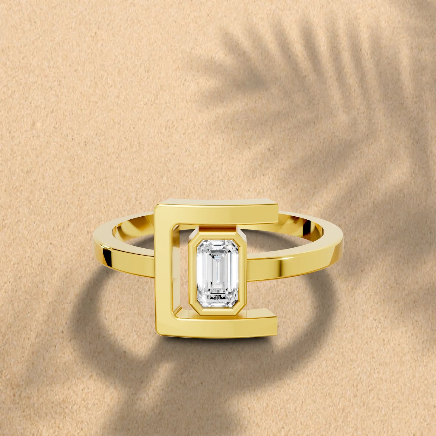 14K Gold Emerlad Cut Diamond Modern Bezel Engagement Ring