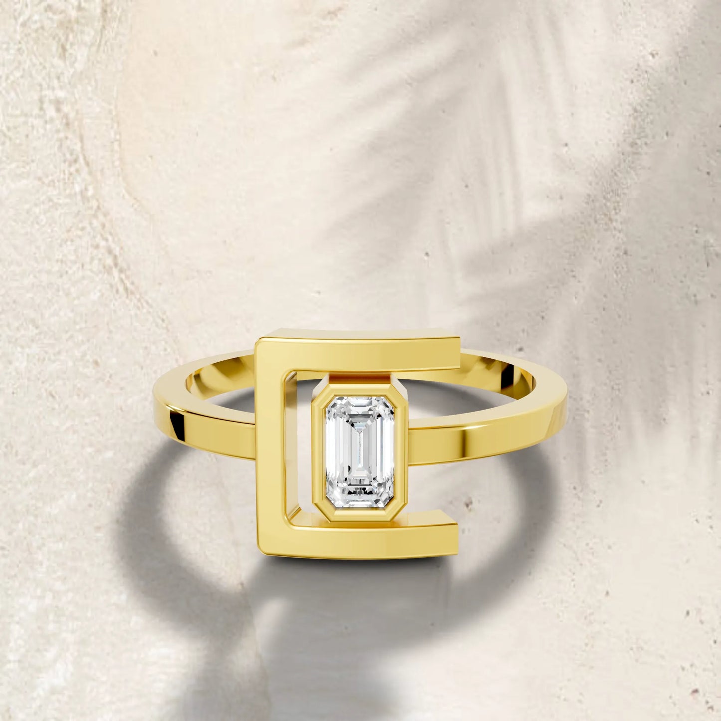 14K Gold Emerlad Cut Diamond Modern Bezel Engagement Ring
