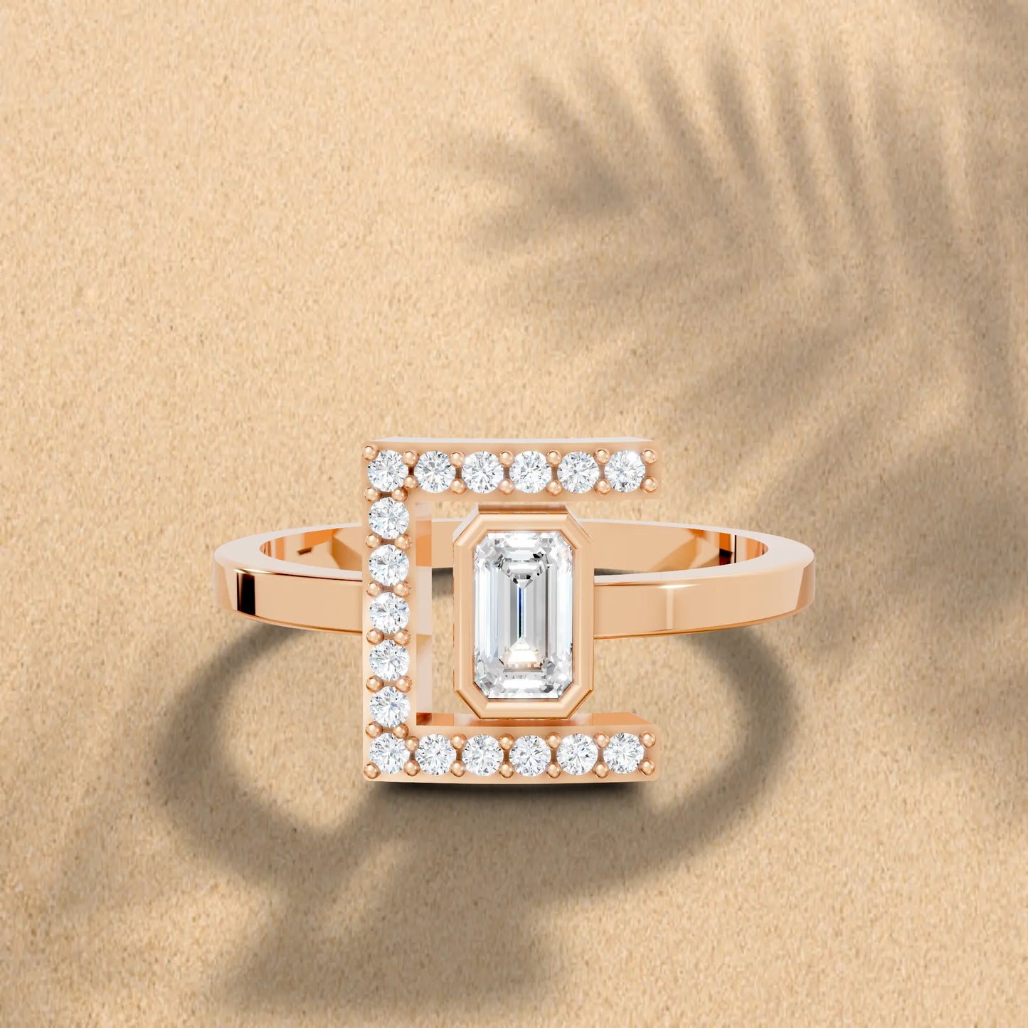 14K Gold Emerald Cut Diamond Modern Bezel Engagement Ring with Accents