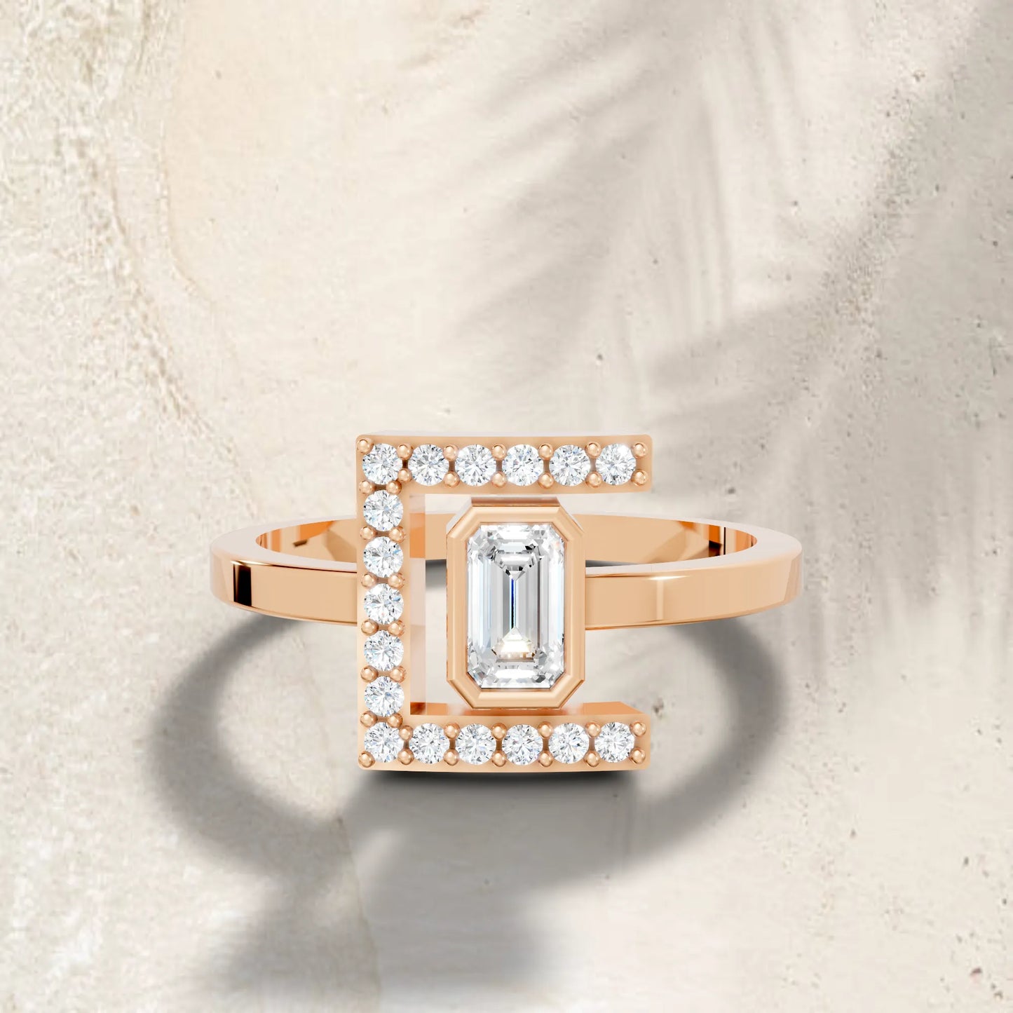 14K Gold Emerald Cut Diamond Modern Bezel Engagement Ring with Accents