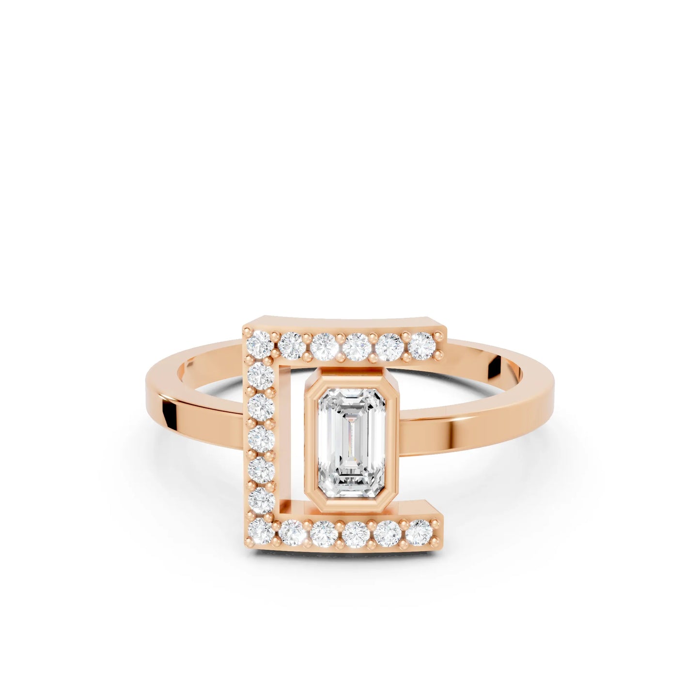 14K Gold Emerald Cut Diamond Modern Bezel Engagement Ring with Accents