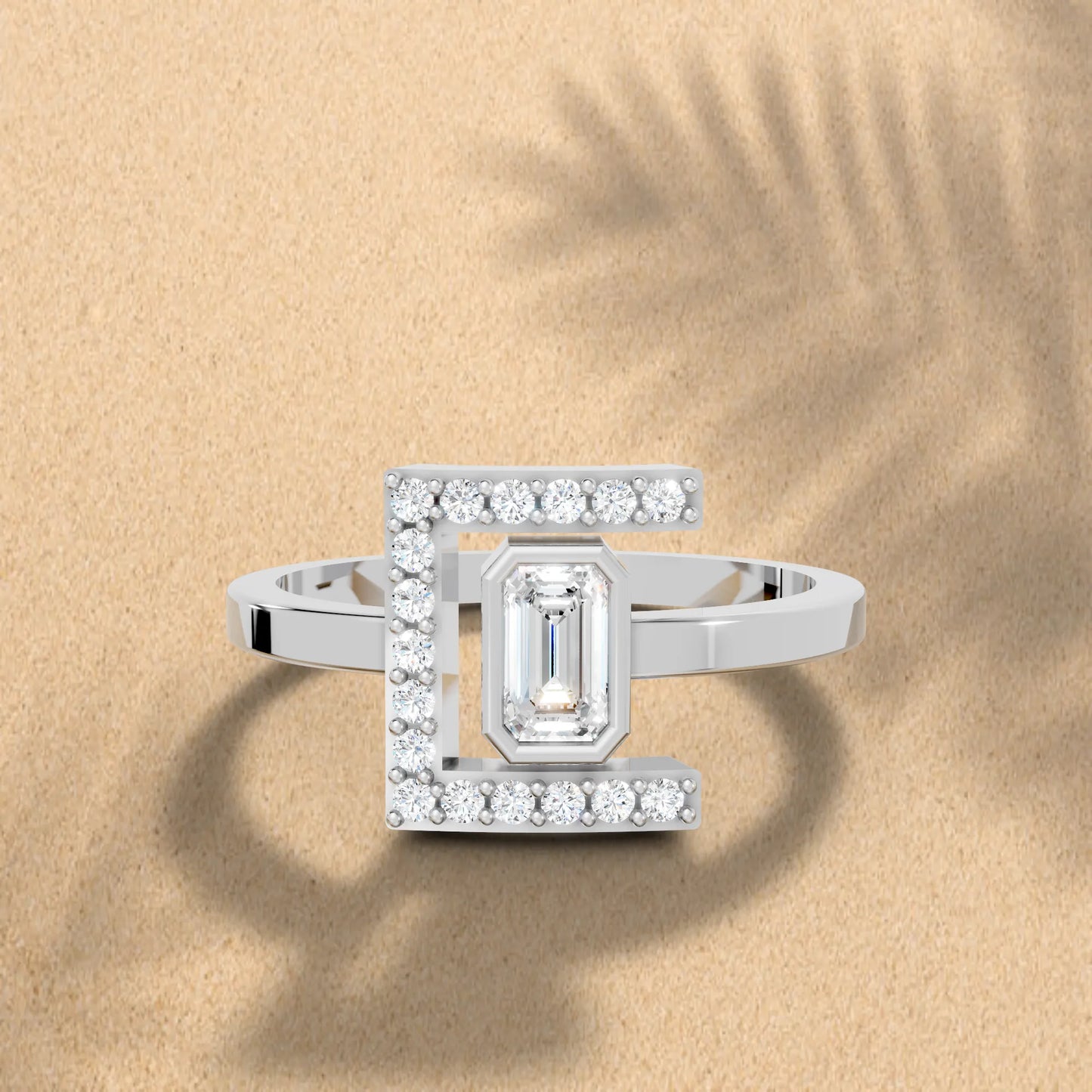 14K Gold Emerald Cut Diamond Modern Bezel Engagement Ring with Accents