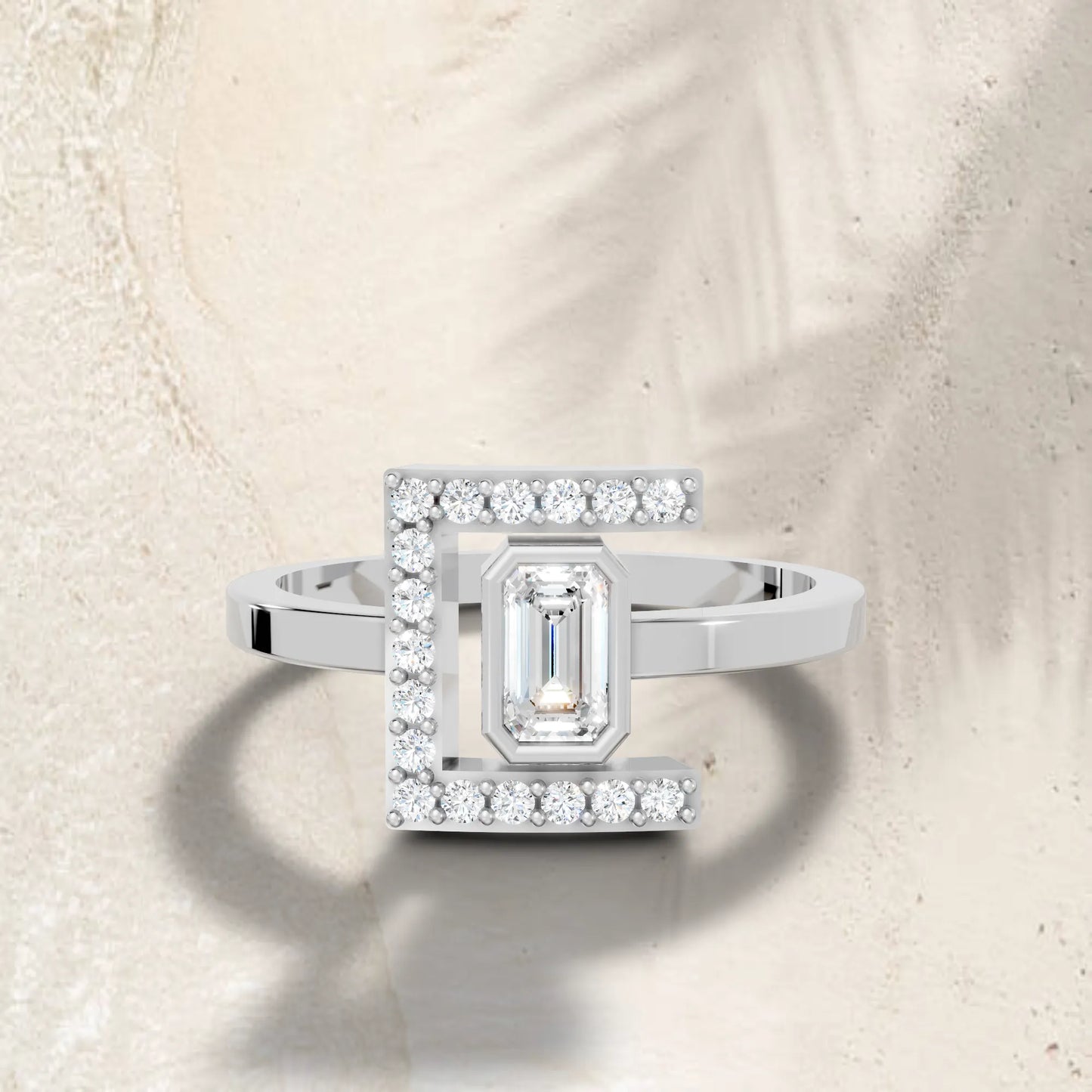 14K Gold Emerald Cut Diamond Modern Bezel Engagement Ring with Accents