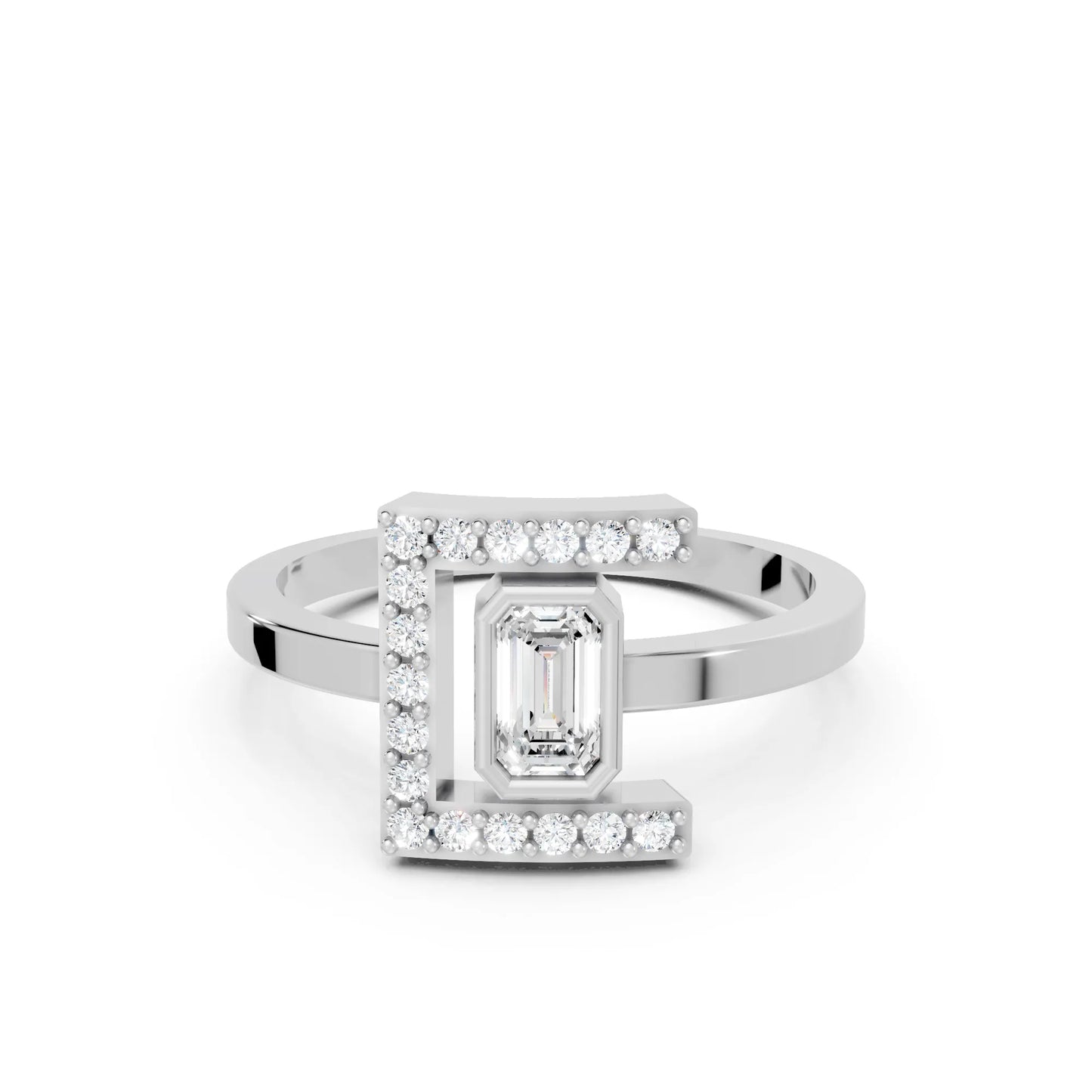 14K Gold Emerald Cut Diamond Modern Bezel Engagement Ring with Accents