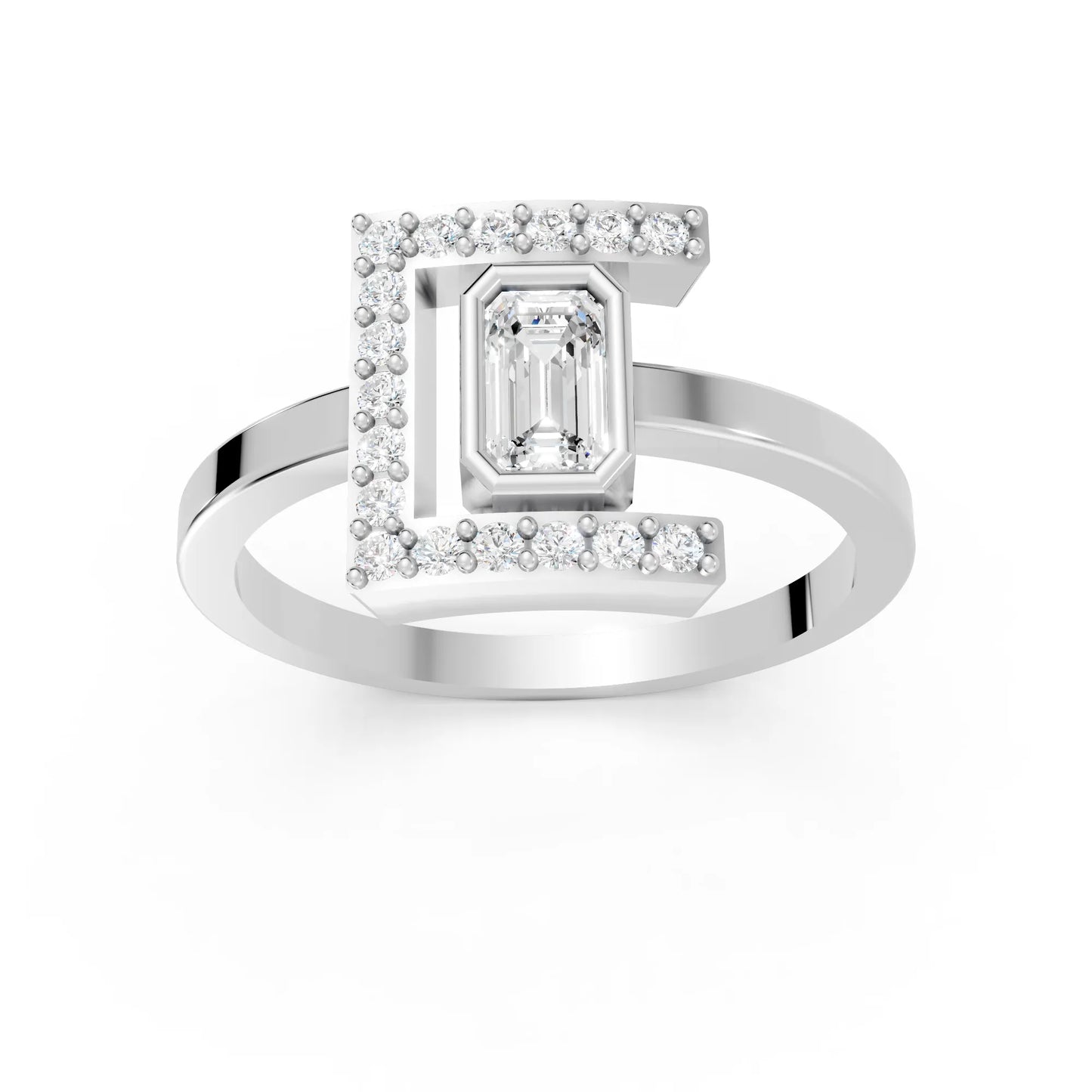 14K Gold Emerald Cut Diamond Modern Bezel Engagement Ring with Accents