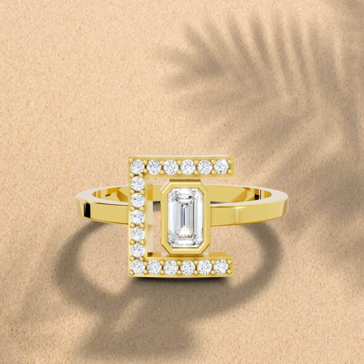 14K Gold Emerald Cut Diamond Modern Bezel Engagement Ring with Accents