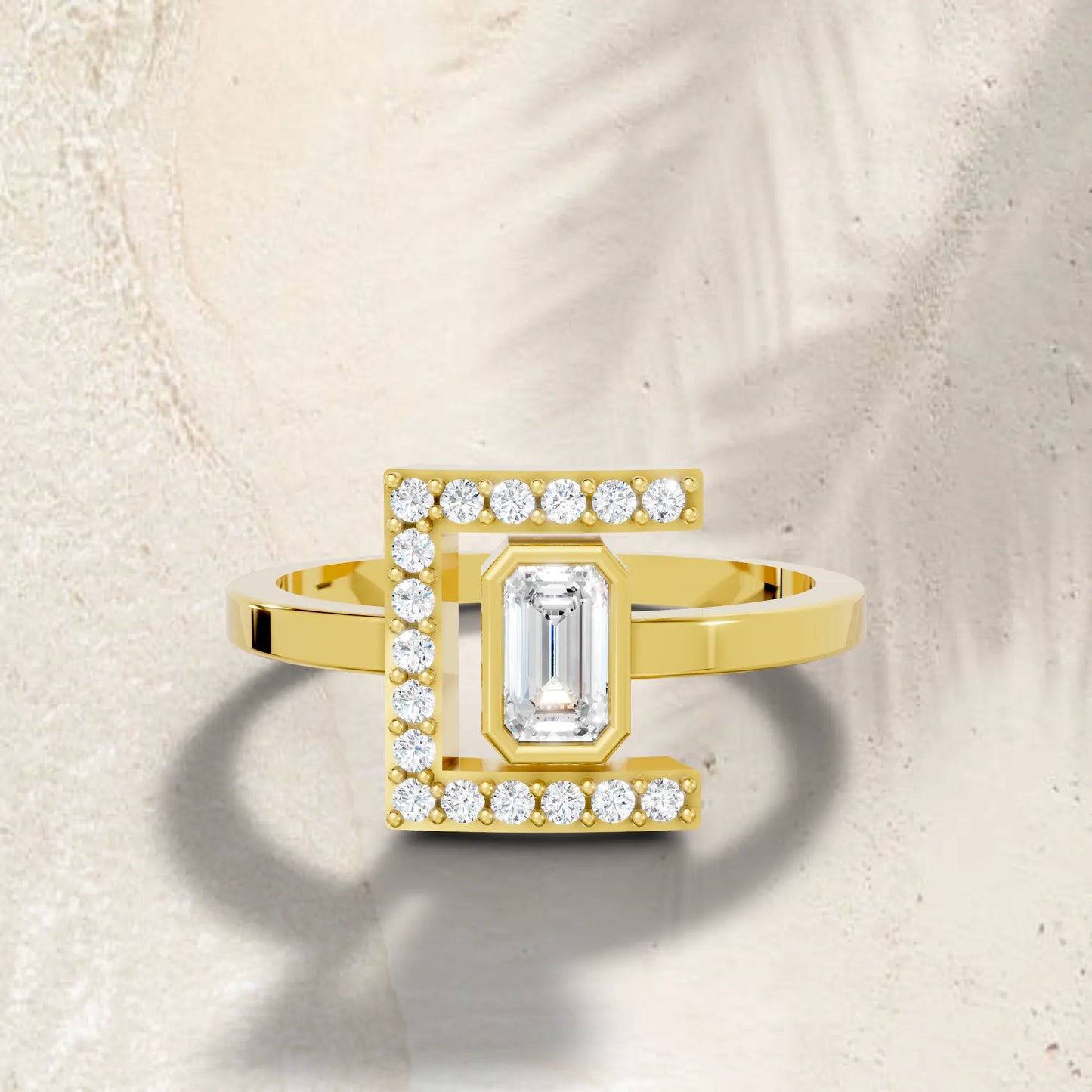 14K Gold Emerald Cut Diamond Modern Bezel Engagement Ring with Accents
