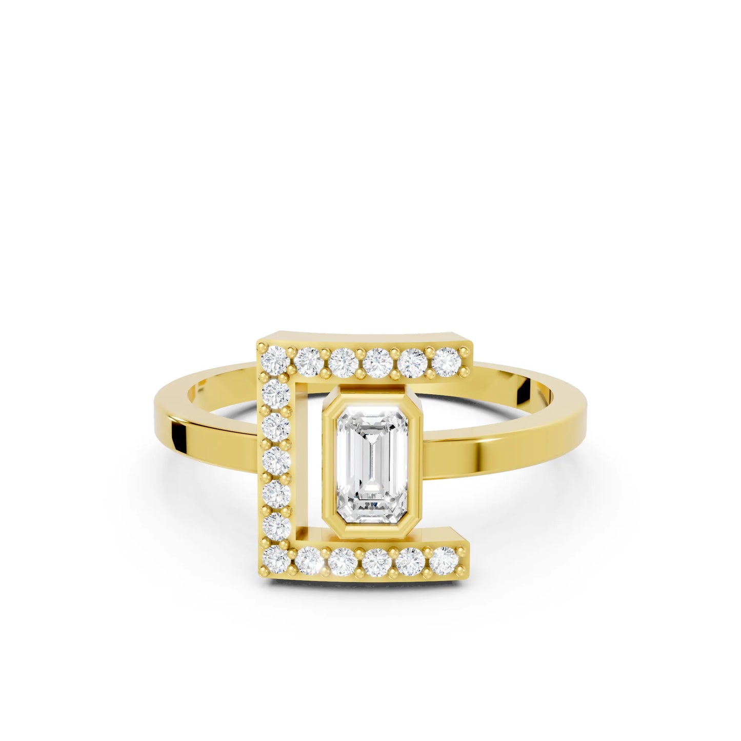 14K Gold Emerald Cut Diamond Modern Bezel Engagement Ring with Accents