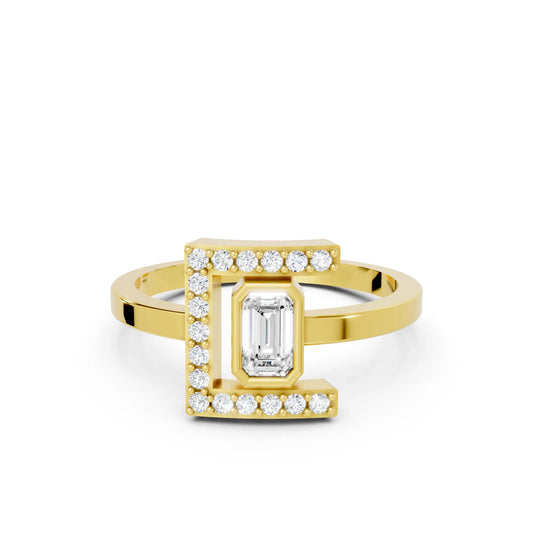 14K Gold Emerald Cut Diamond Modern Bezel Engagement Ring with Accents