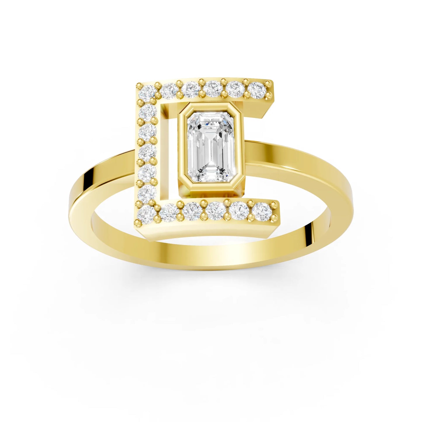 14K Gold Emerald Cut Diamond Modern Bezel Engagement Ring with Accents