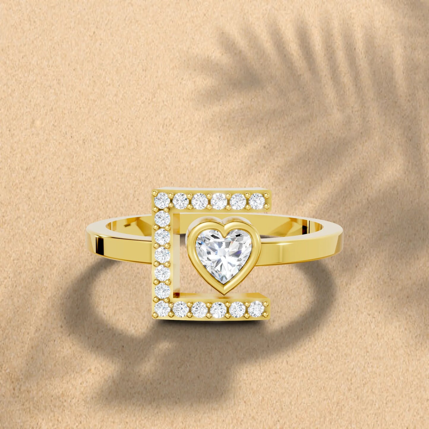 14K Gold Heart Cut Diamond Modern Bezel Engagement Ring with Accents