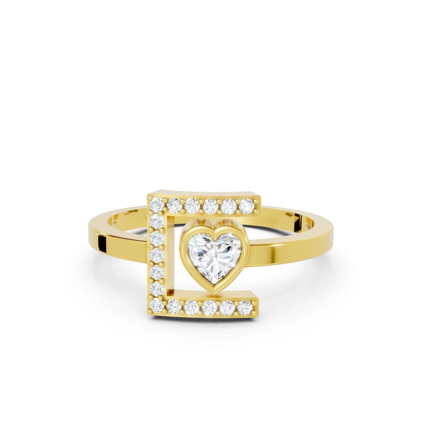 14K Gold Heart Cut Diamond Modern Bezel Engagement Ring with Accents