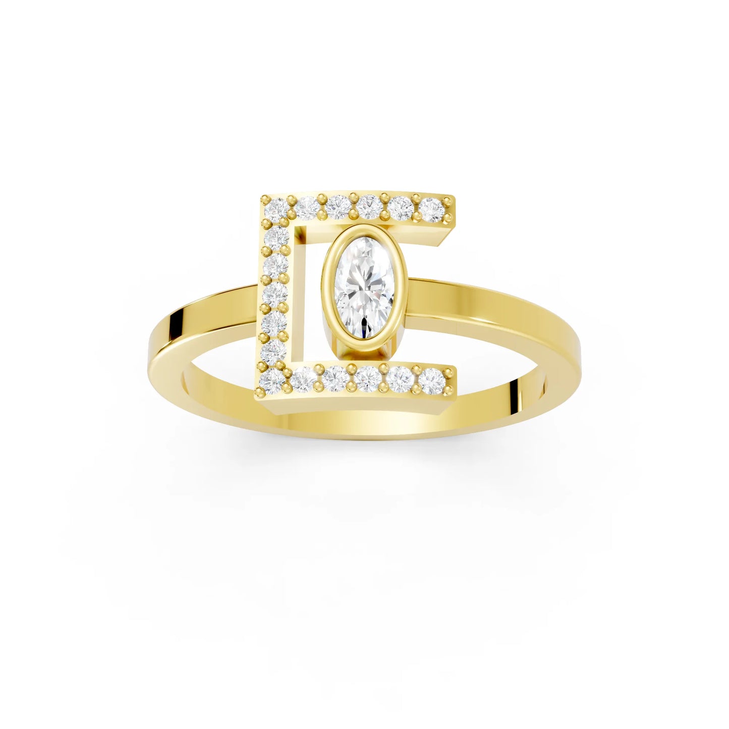 14K Gold Oval Cut Diamond Modern Bezel Engagement Ring  with Accents