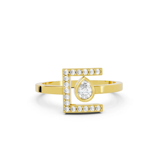 14K Gold Pear Cut Diamond Modern Bezel Engagement Ring with Accents