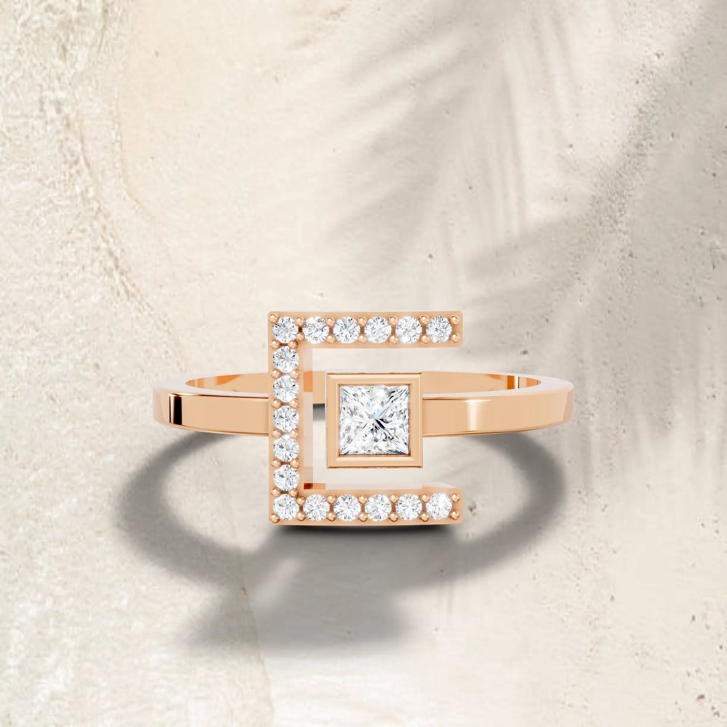 14K Gold Princess Cut Diamond Modern Bezel Engagement Ring with Accents
