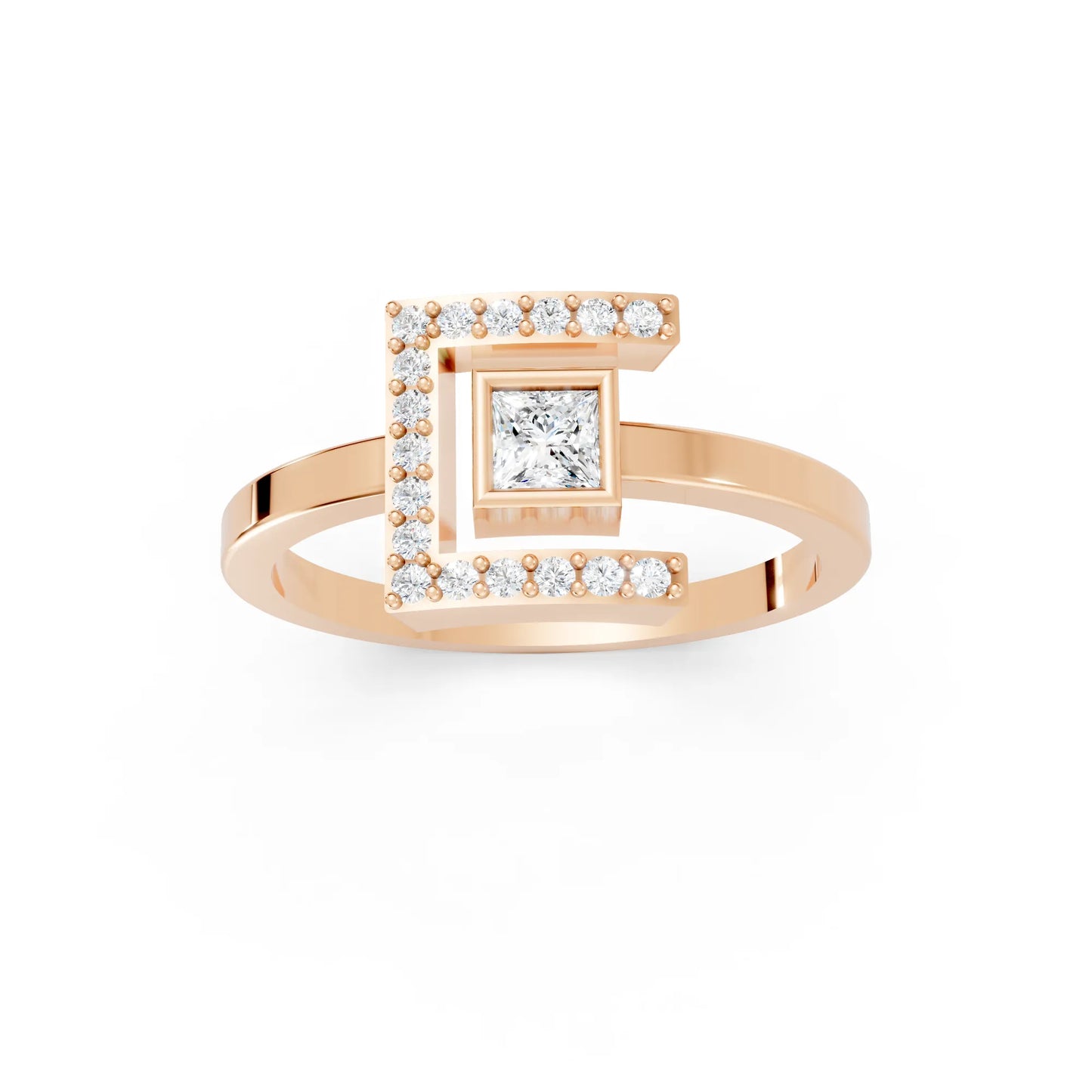 14K Gold Princess Cut Diamond Modern Bezel Engagement Ring with Accents