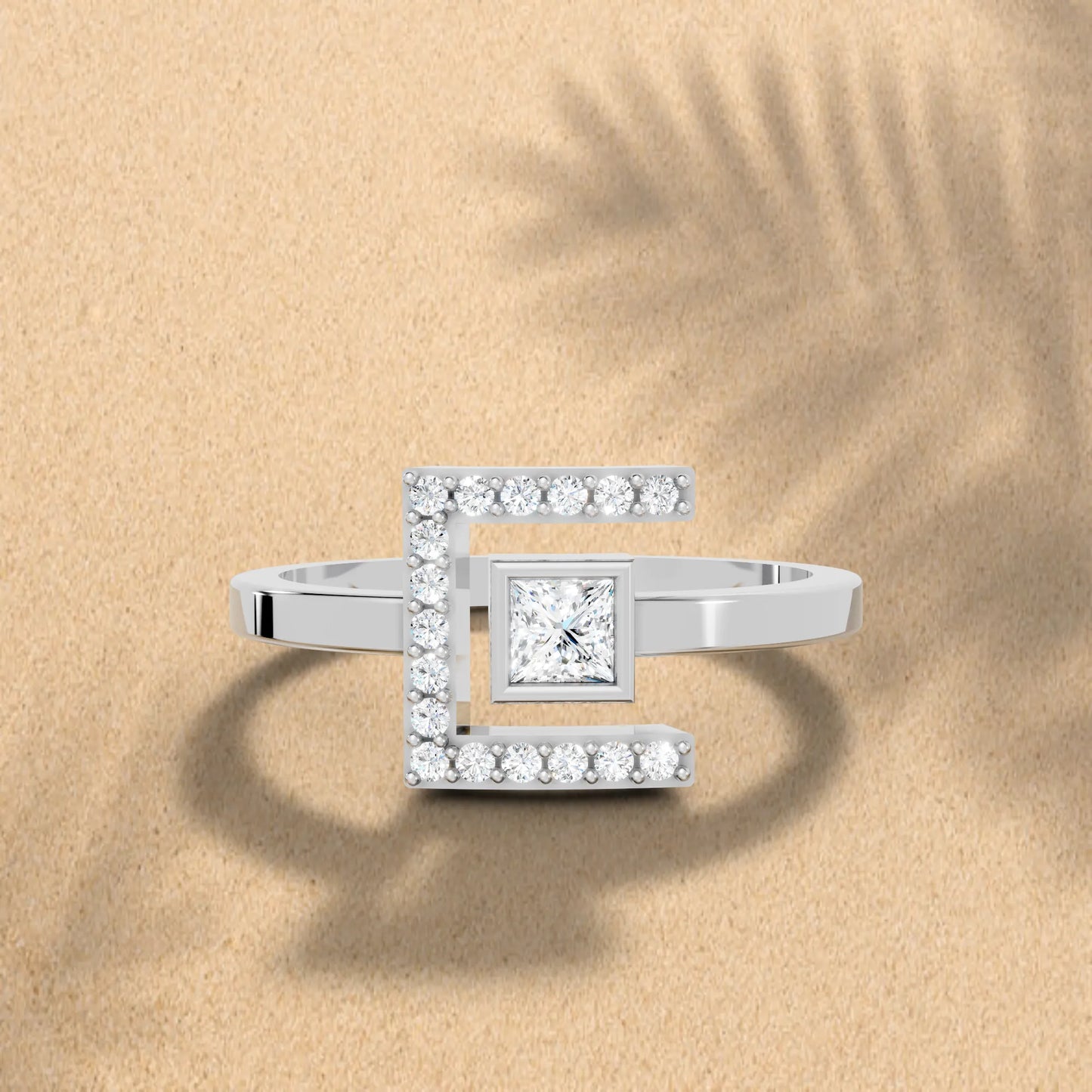 14K Gold Princess Cut Diamond Modern Bezel Engagement Ring with Accents