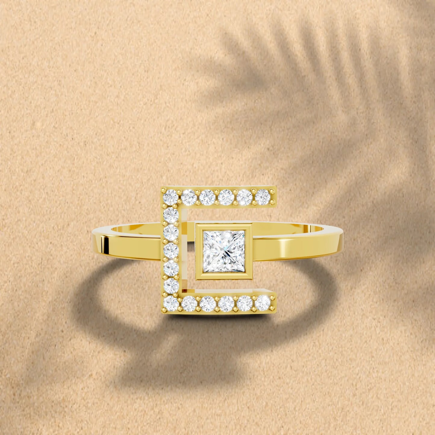 14K Gold Princess Cut Diamond Modern Bezel Engagement Ring with Accents