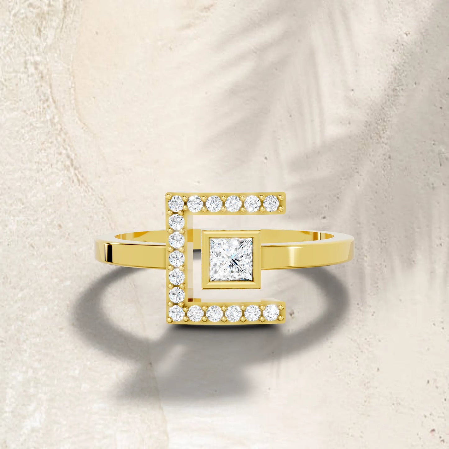 14K Gold Princess Cut Diamond Modern Bezel Engagement Ring with Accents