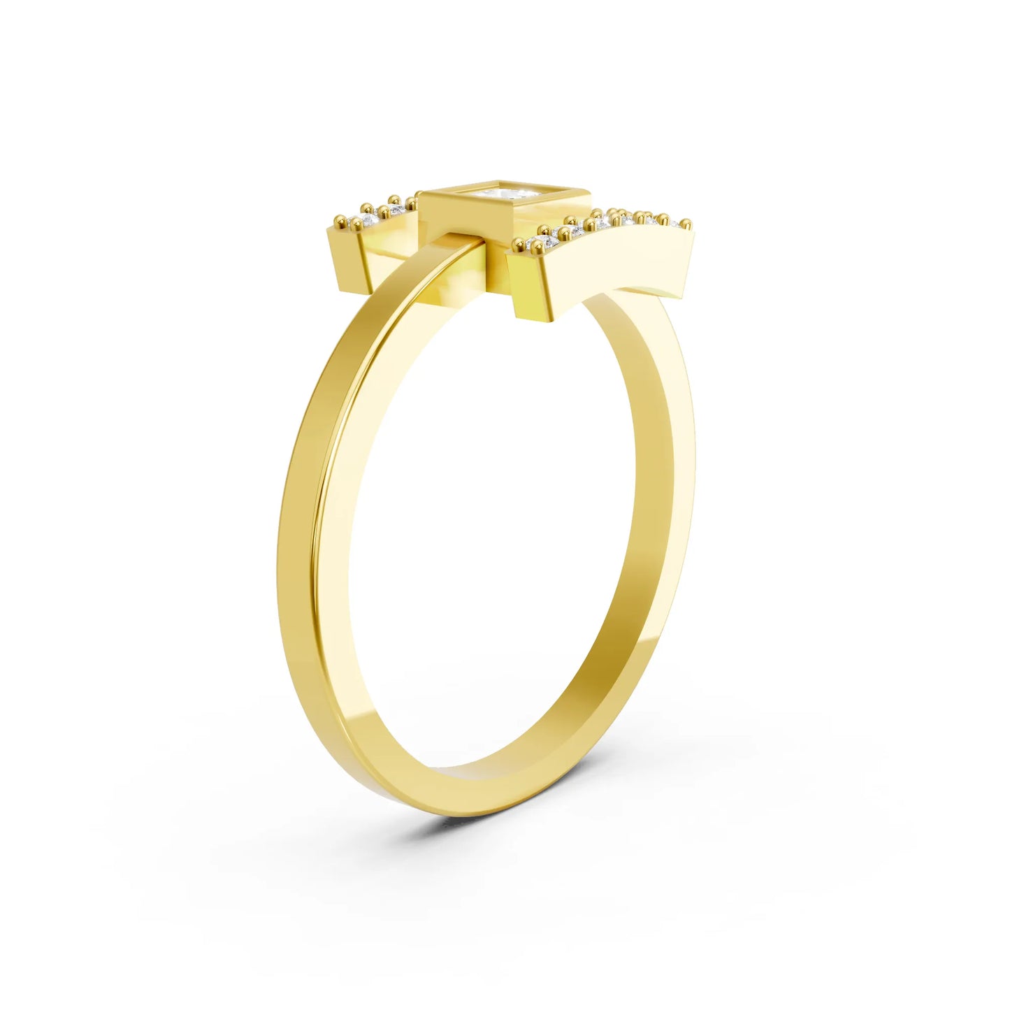 14K Gold Princess Cut Diamond Modern Bezel Engagement Ring with Accents