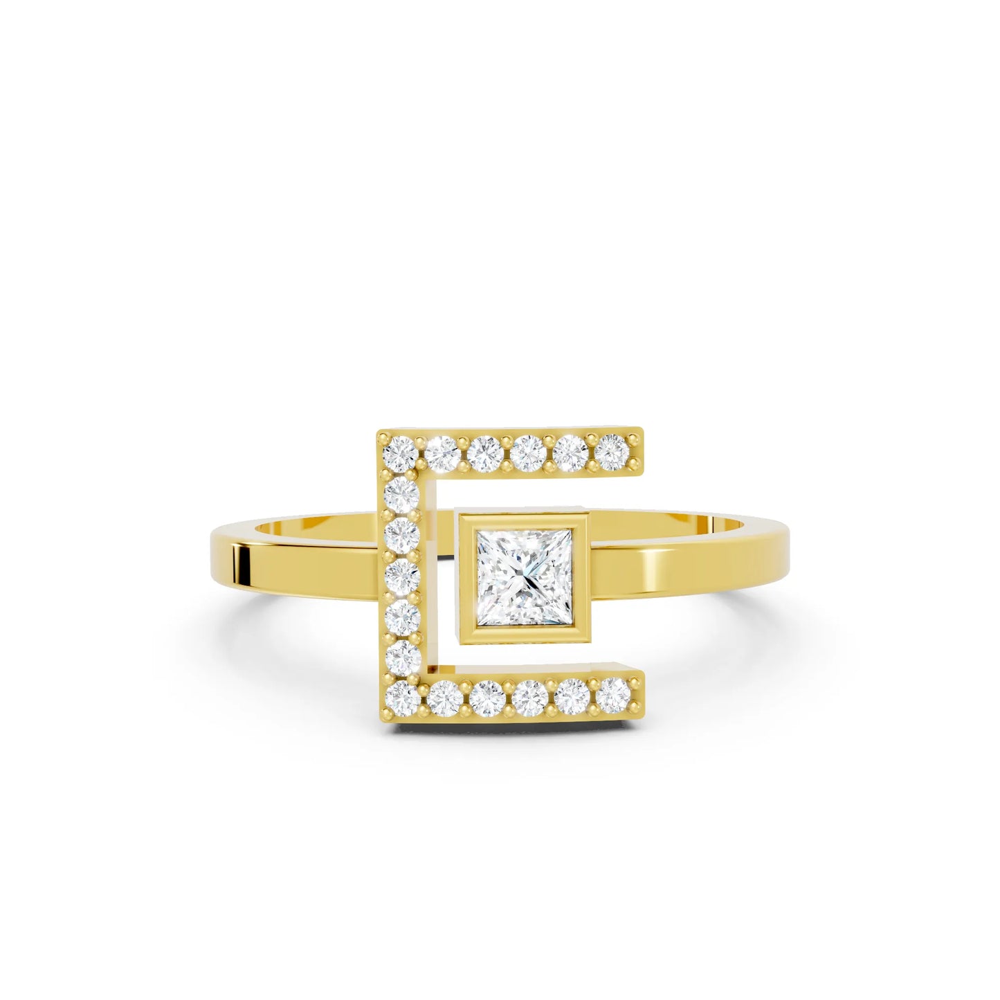 14K Gold Princess Cut Diamond Modern Bezel Engagement Ring with Accents