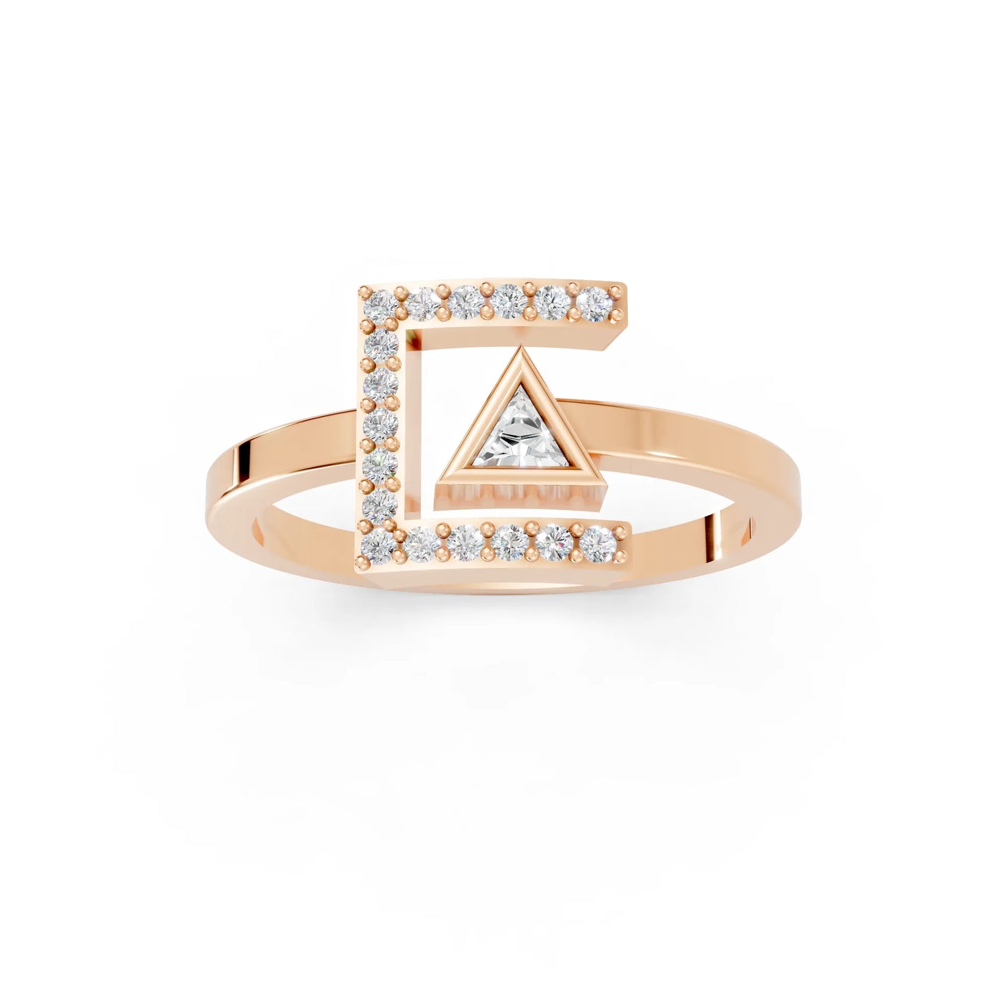 14K Gold Triangle Cut Diamond Modern Bezel Engagement Ring with Accents