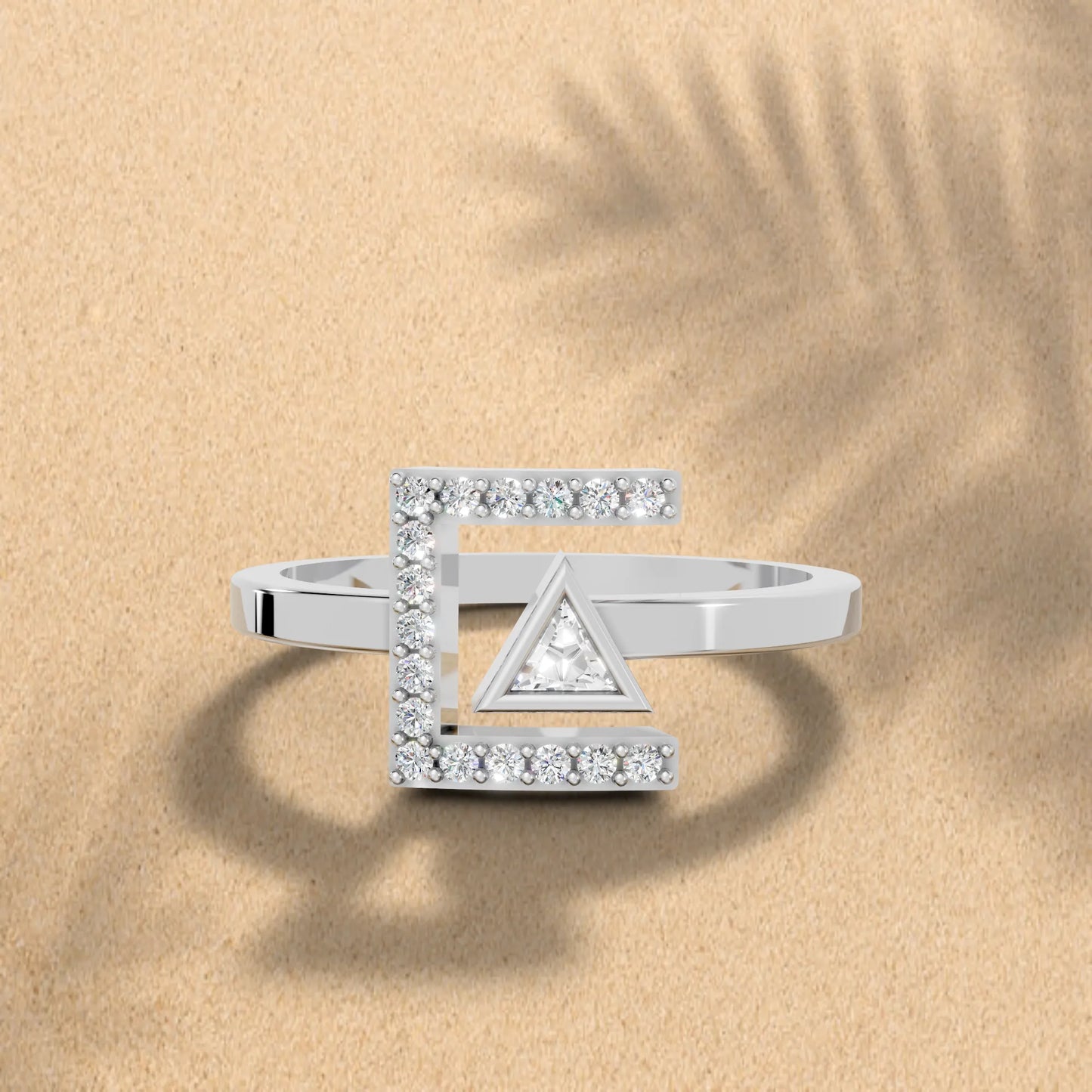 14K Gold Triangle Cut Diamond Modern Bezel Engagement Ring with Accents