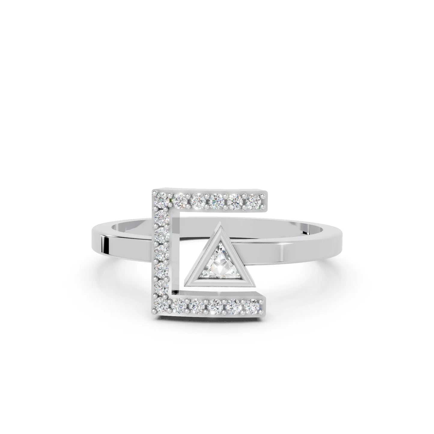 14K Gold Triangle Cut Diamond Modern Bezel Engagement Ring with Accents