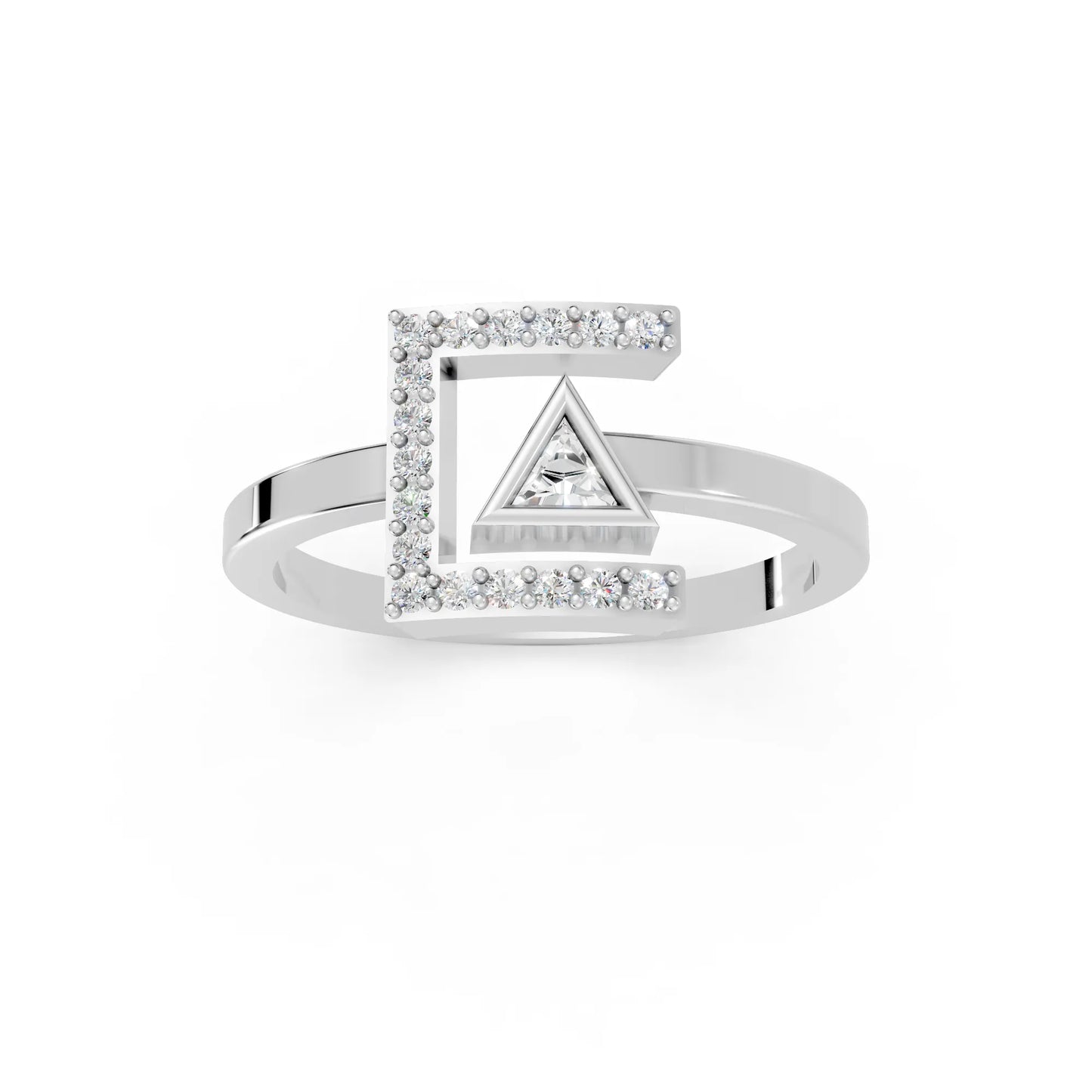 14K Gold Triangle Cut Diamond Modern Bezel Engagement Ring with Accents