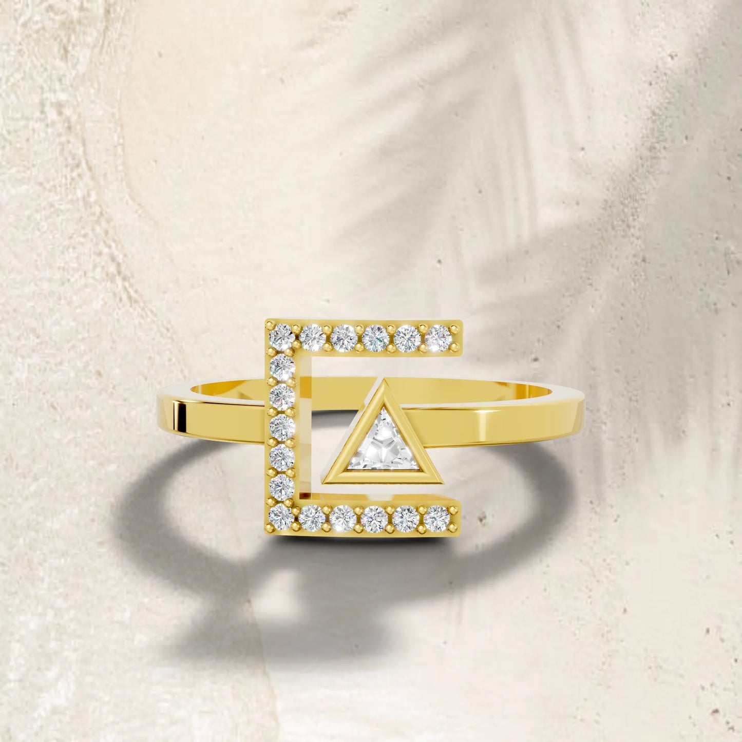 14K Gold Triangle Cut Diamond Modern Bezel Engagement Ring with Accents