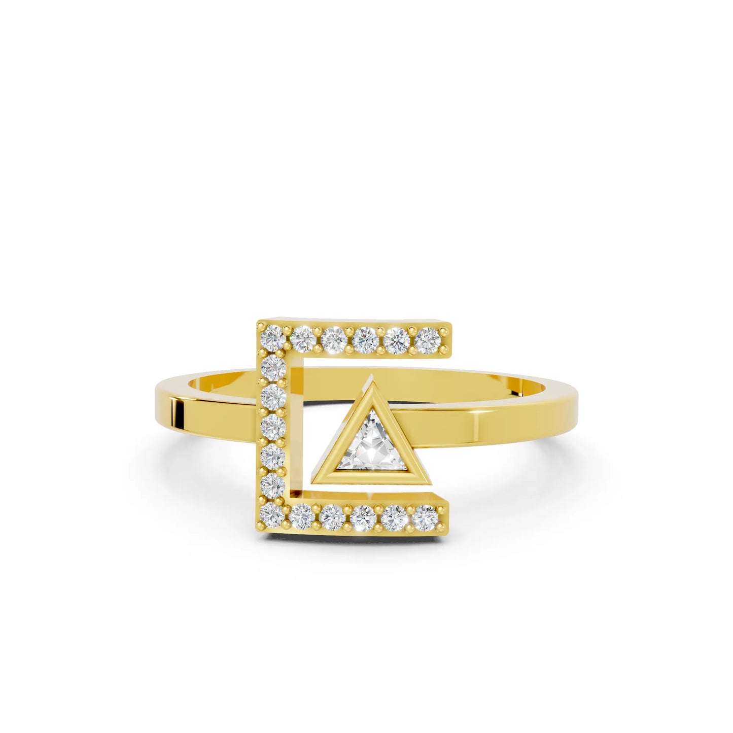 14K Gold Triangle Cut Diamond Modern Bezel Engagement Ring with Accents