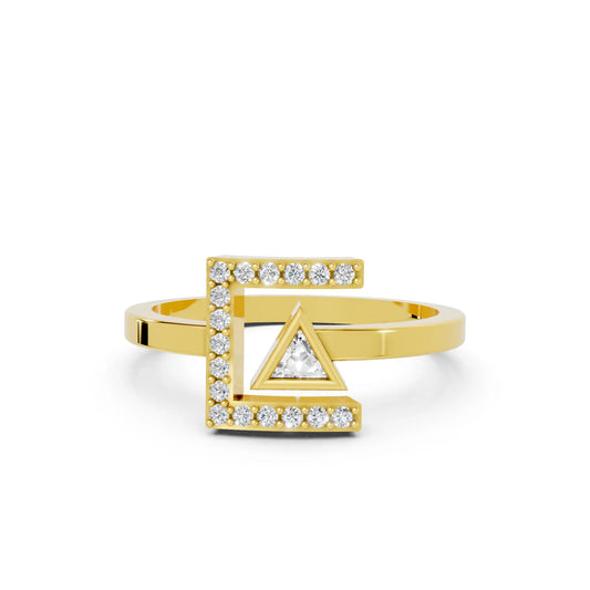 14K Gold Triangle Cut Diamond Modern Bezel Engagement Ring with Accents
