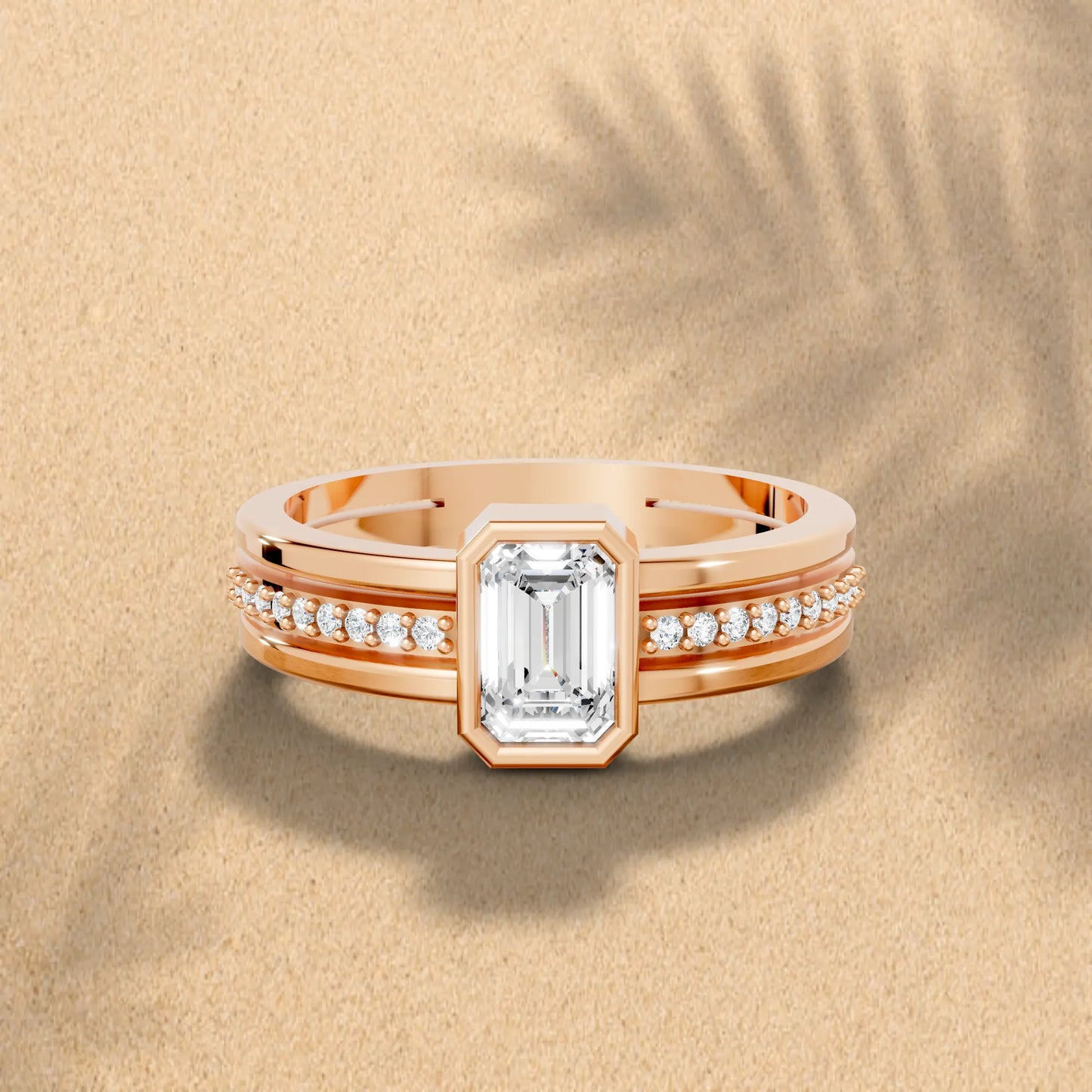 14K Gold Emerald Cut Diamond Double Band Bezel Engagement Ring with Accents