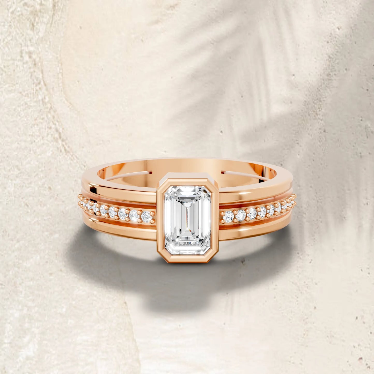 14K Gold Emerald Cut Diamond Double Band Bezel Engagement Ring with Accents